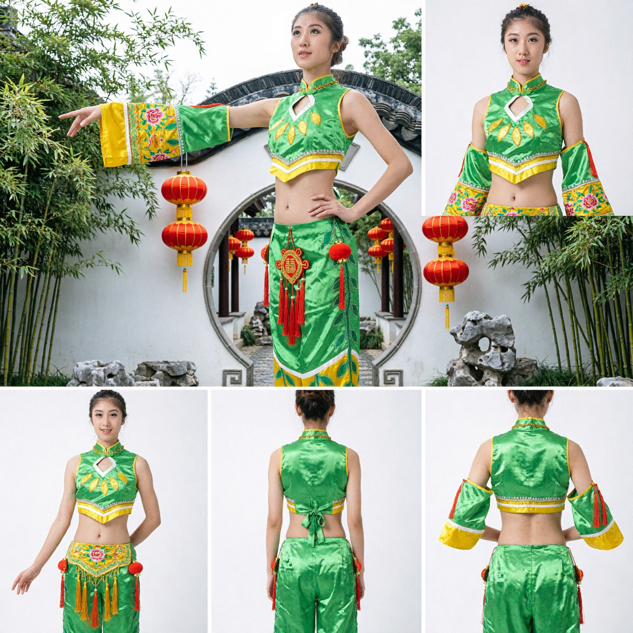 Costume da Danza Popolare Cinese per Donne Verde, Tenuta da Spettacolo Tradizionale Yangge a Tema Vegetale - Asian Costume