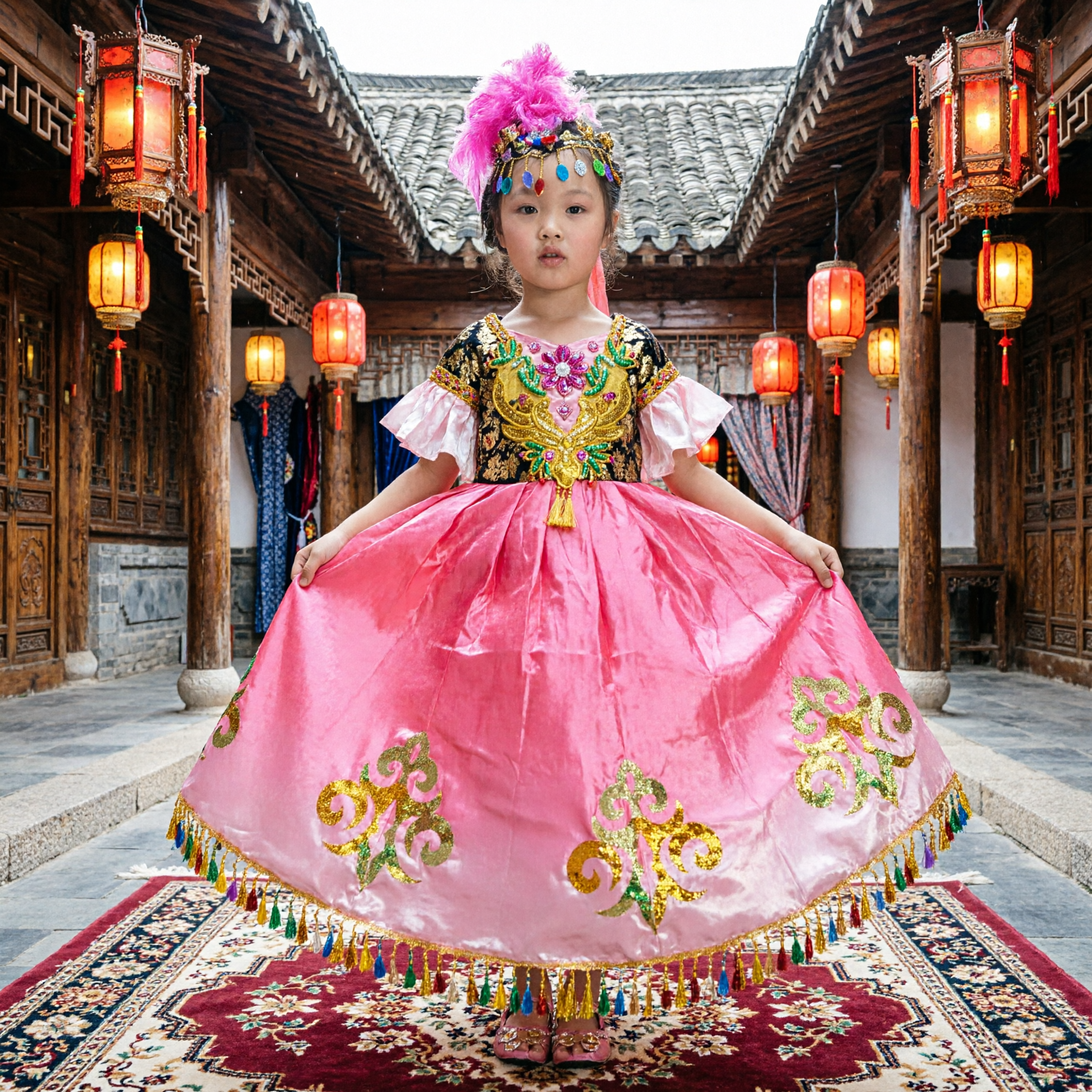 Kinderen Meisjes Traditioneel Chinese Volksdanskostuum Roze Waaierrok Jurk met Veren Hoofdtooi voor Podiumoptreden - Asian Costume