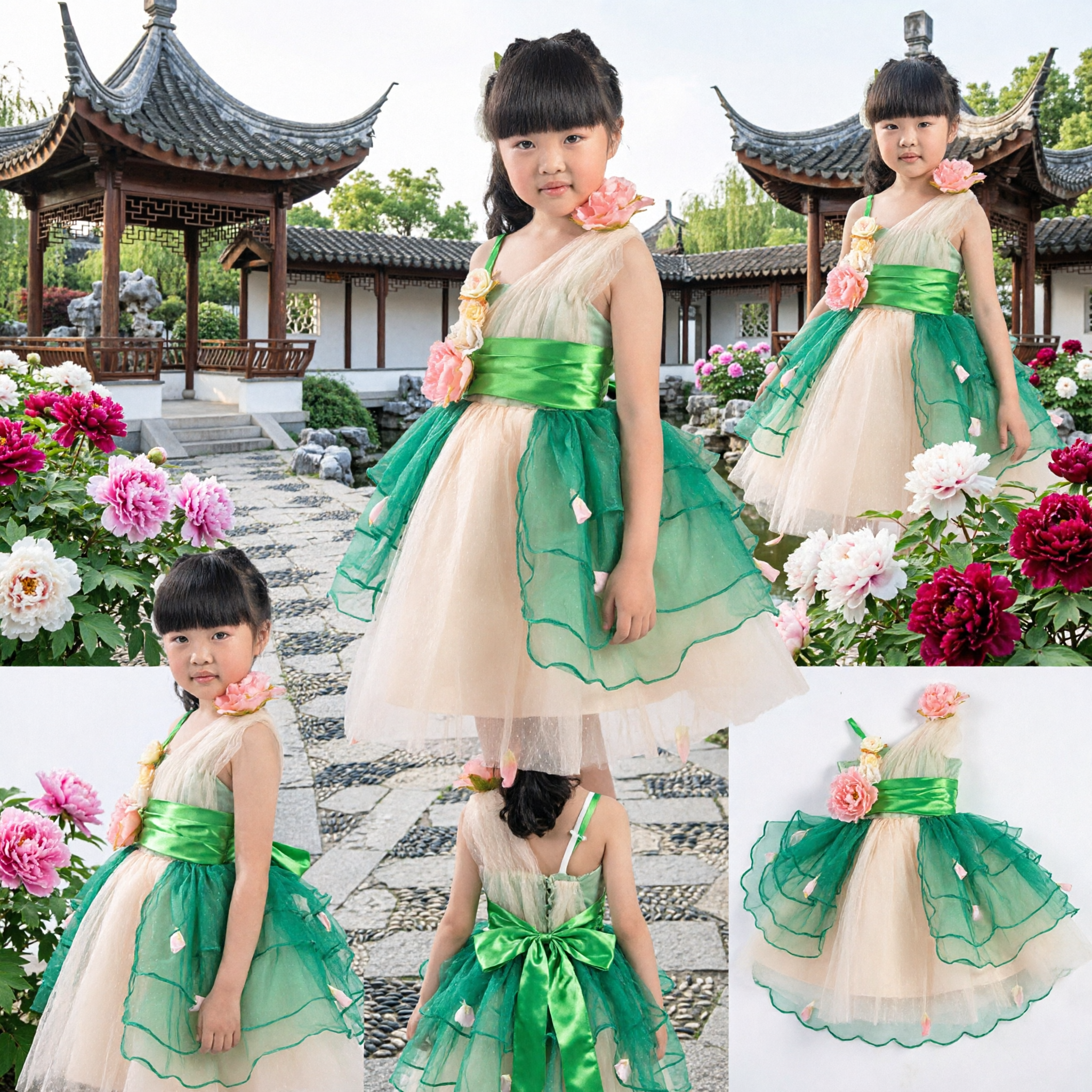 Vestido de Fada das Flores Verde para Meninas, Conjunto de Dança de Palco Ombro Único com Acentuações Florais - Asian Costume