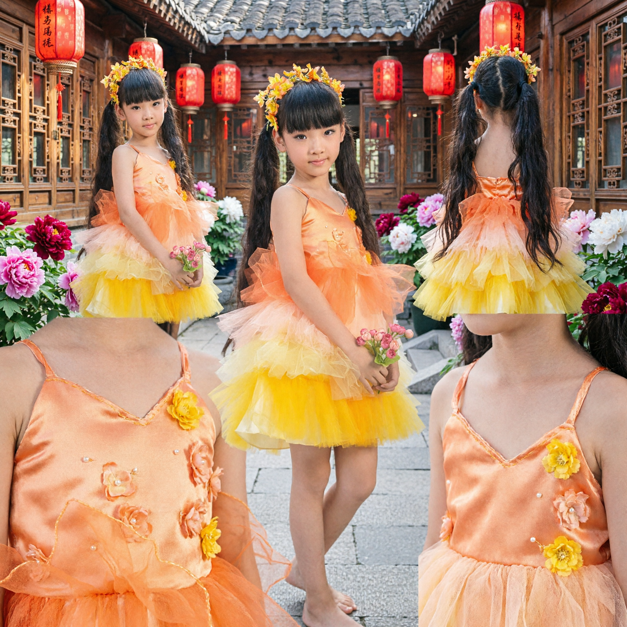Costume da Danza per Bambine Fata dei Fiori Arancione e Giallo, Tutu con Copricapo Floreale - Asian Costume