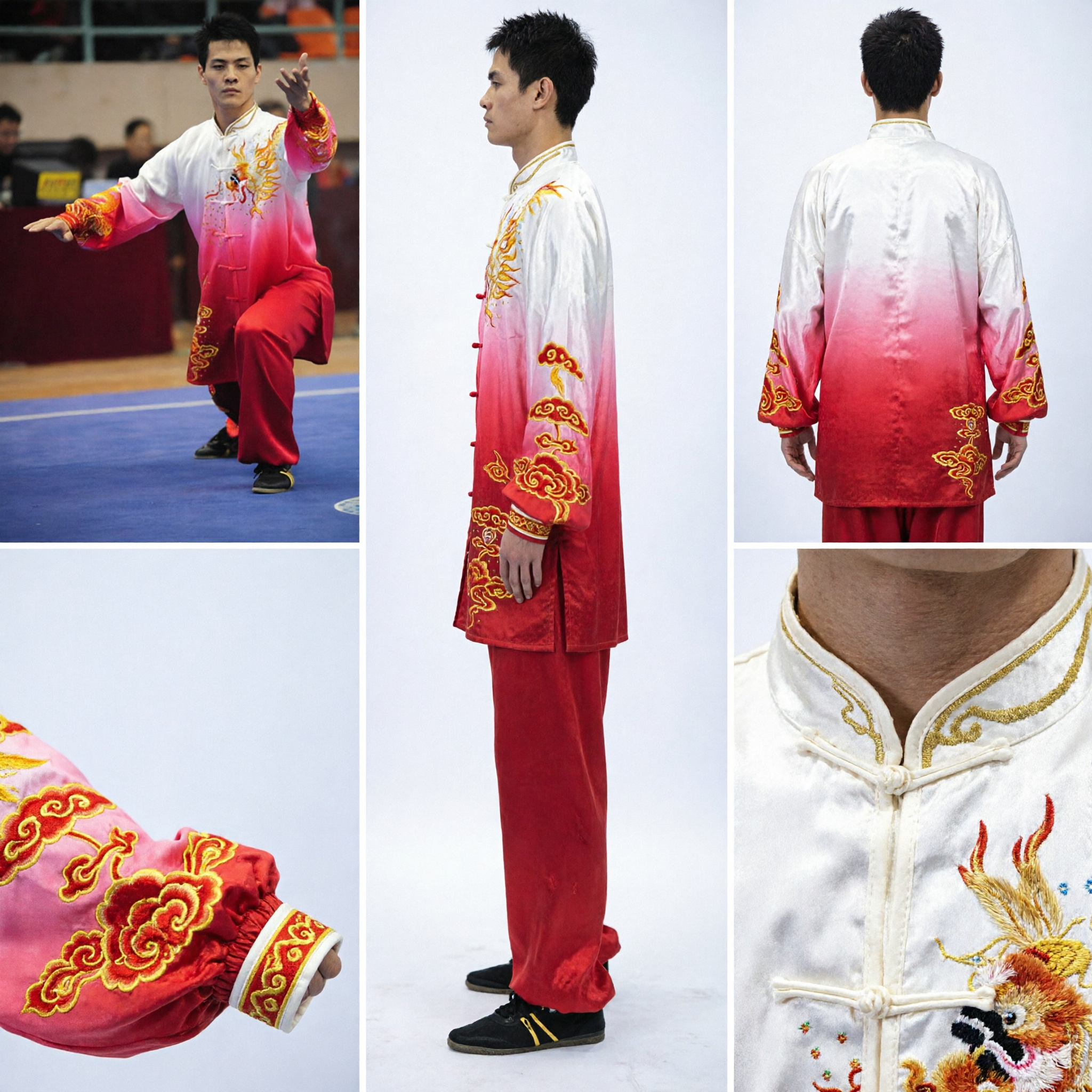 Męski tradycyjny uniform Wushu Kung Fu, gradientowy czerwony z haftem smoka, strój na zawody Tai Chi - Asian Costume