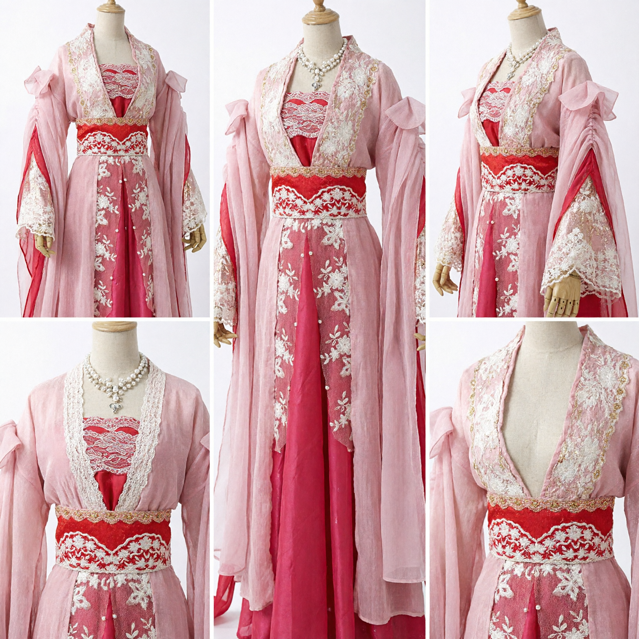 Ancient Chinese Princess Hanfu Costume Tang Dynasty Pink Red Floral Embroidered Dress for Cosplay and Performance - Asian Costume