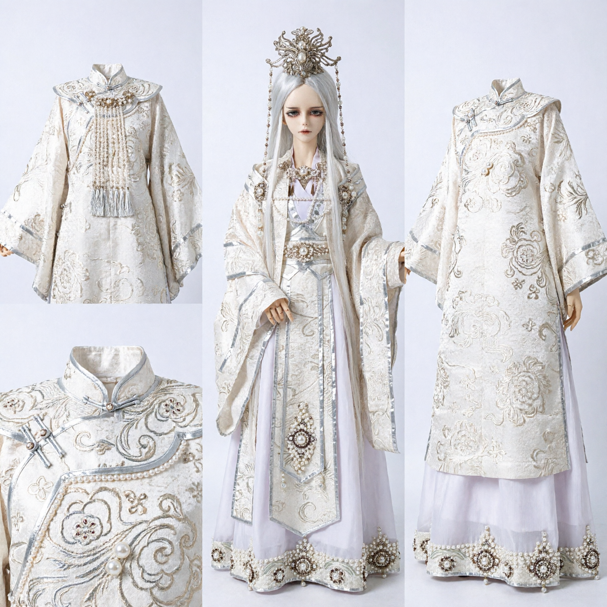 Set Costume Hanfu Ricamato Bianco Argento Esquisito con Corona per Bambola BJD Stile Fata Tradizionale - Asian Costume