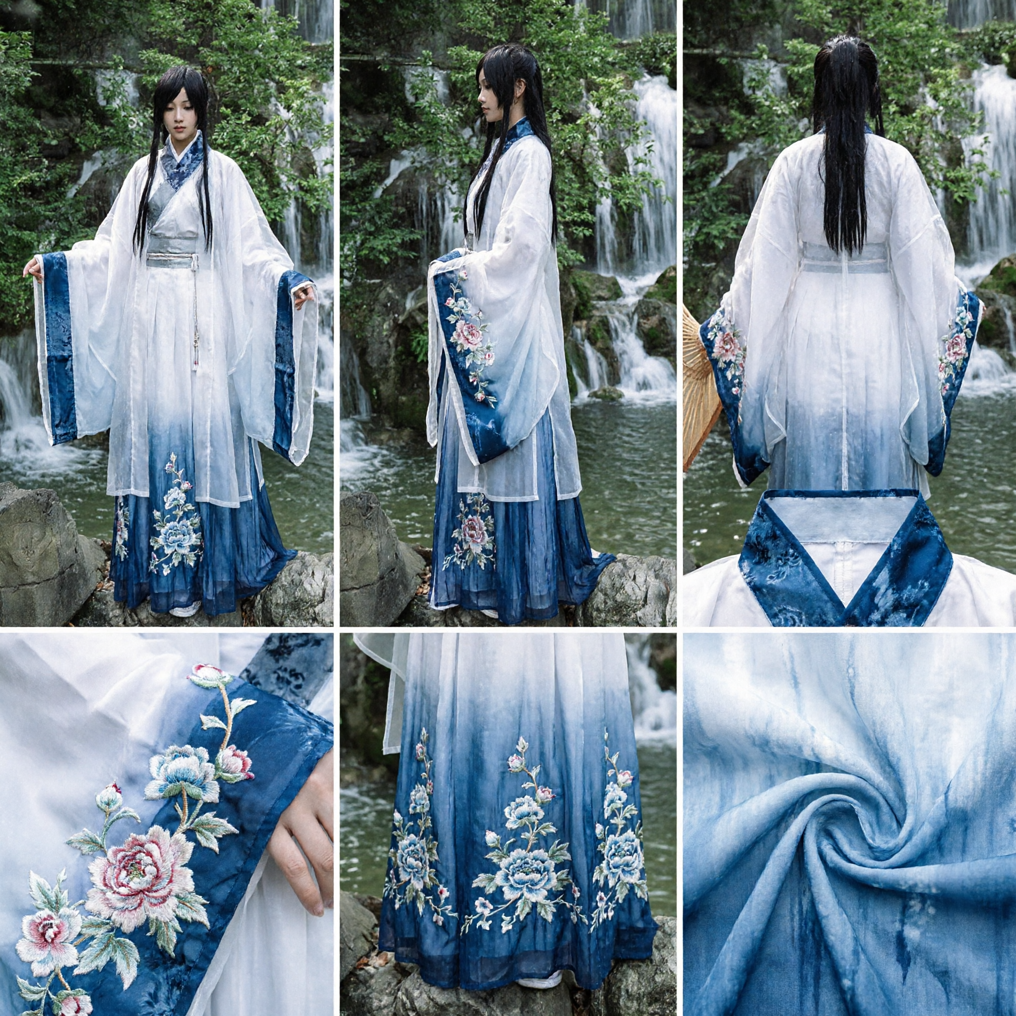 Costume Hanfu chinois traditionnel dégradé blanc bleu - Tenue de cosplay de fée Wuxia pour femmes avec parapluie - Asian Costume