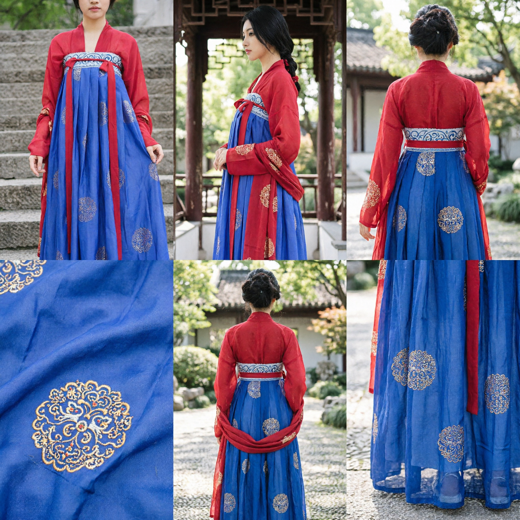 Elegante Costume Hanfu Cinese Tradizionale Dinastia Tang Ruqun Rosso e Blu Abito del Palazzo Antico per Donne - Asian Costume