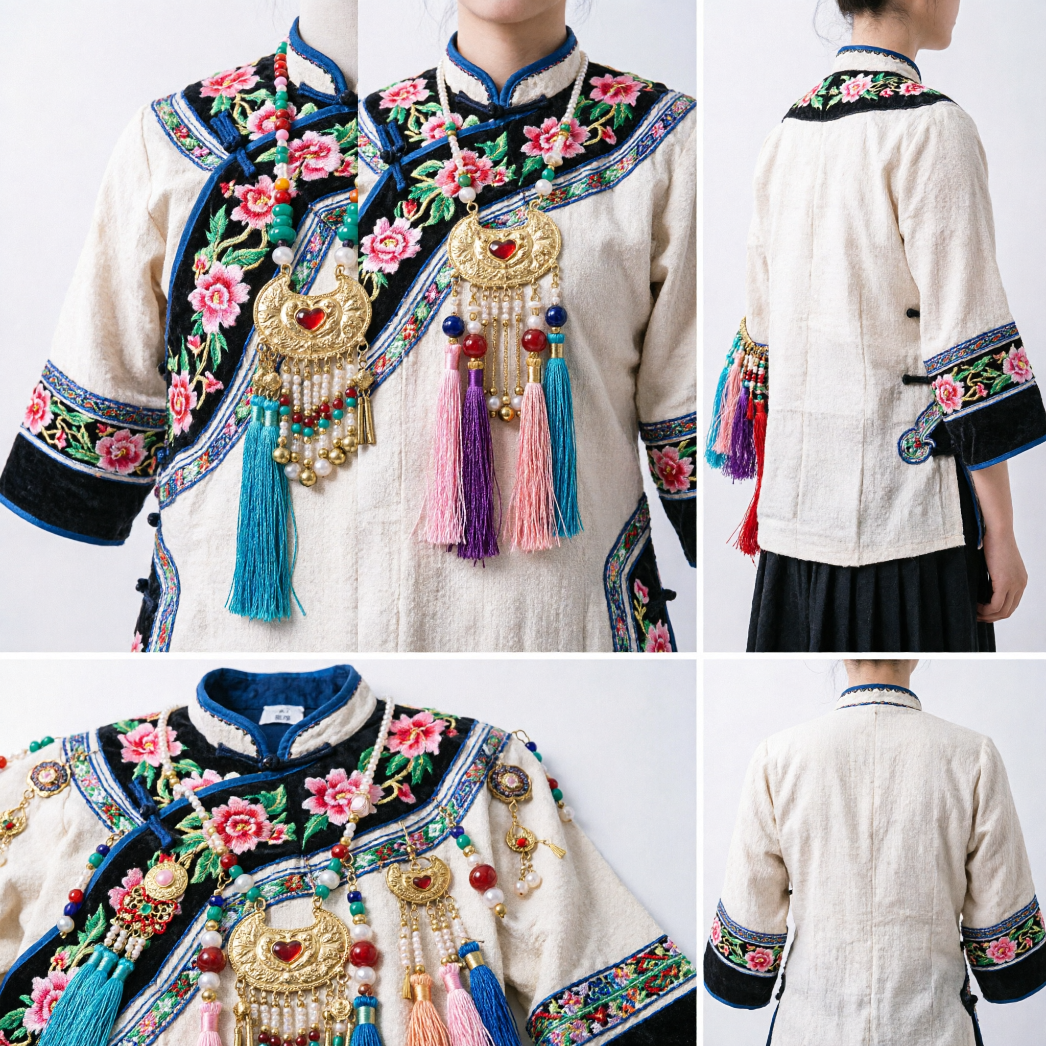 전통 중국 한푸 헤어 액세서리 세트 분홍색 모란 꽃 금색 술 두식 웨딩 신부용 - Asian Costume