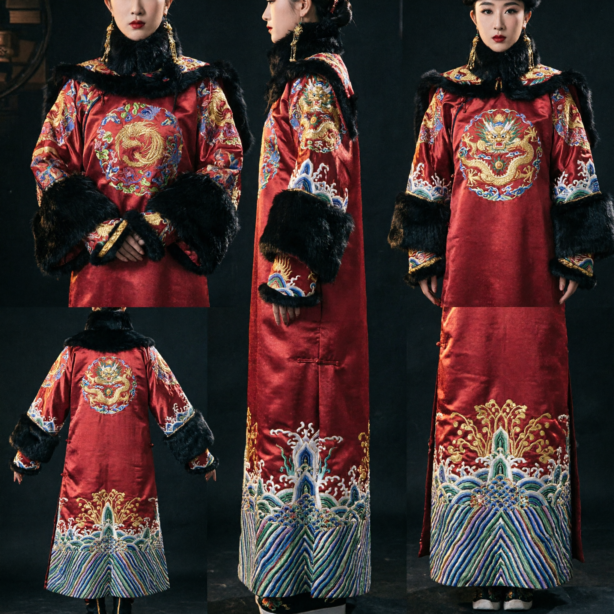 Traje de Emperatriz de la Dinastía Qing China Antigua Túnica Roja con Dragón y Ribete de Piel Ropa Histórica para Mujer - Asian Costume
