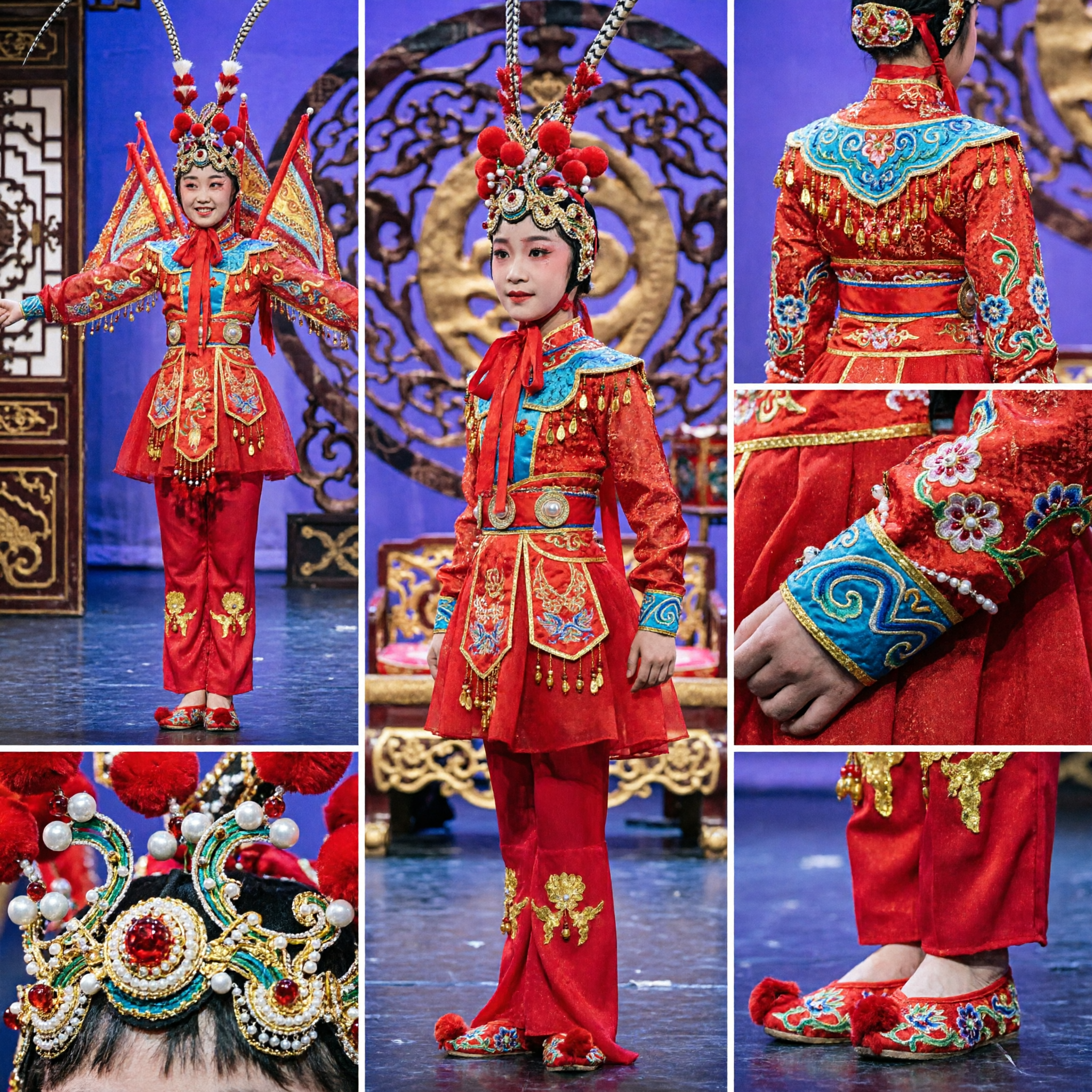 Costume de guerrière générale traditionnelle chinoise pour enfants - Tenue de scène de danse d'opéra rouge brodée avec coiffe - Asian Costume