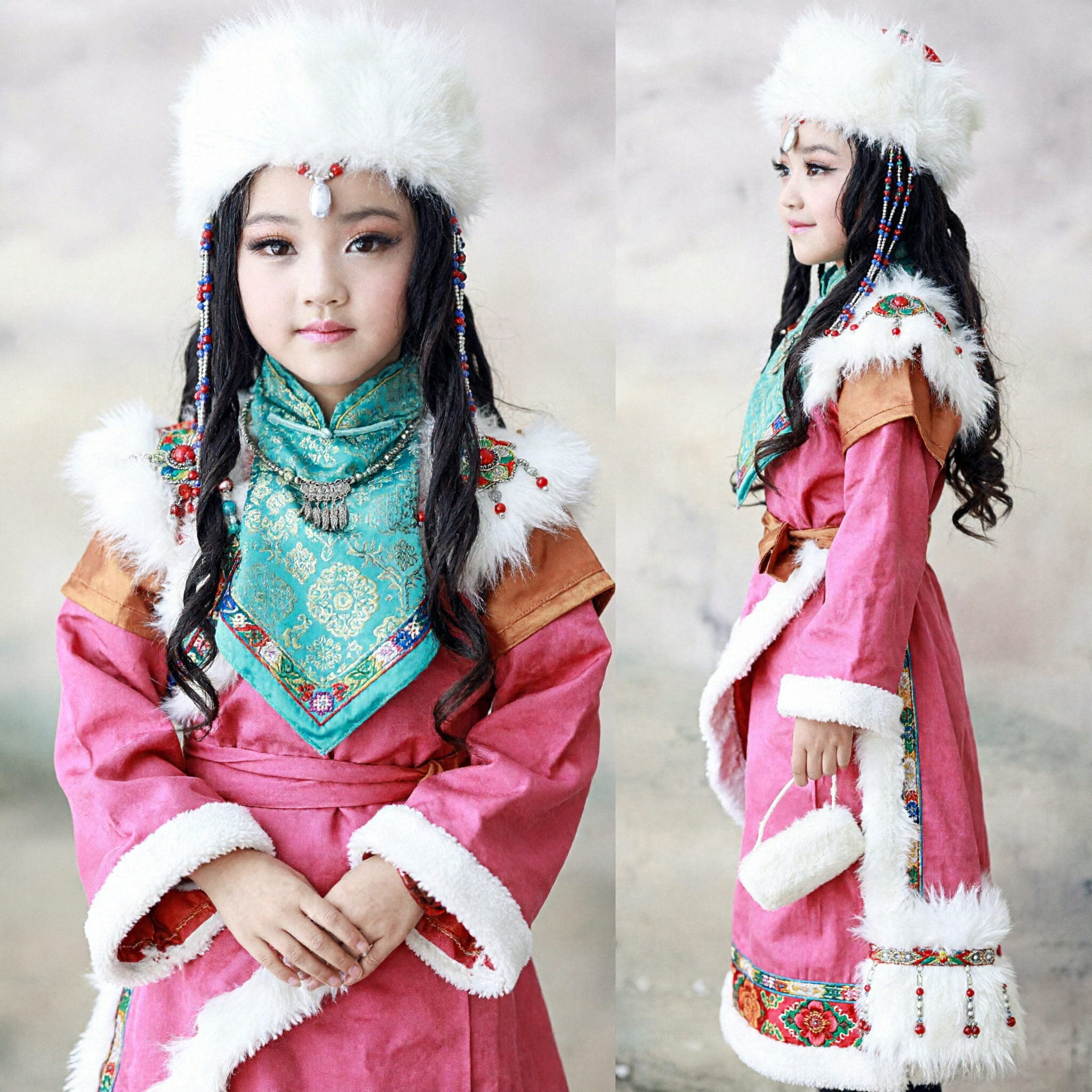 Costume ethnique mongol traditionnel pour filles - Robe rose avec chapeau en fourrure blanche, tenue de danse folklorique - Asian Costume