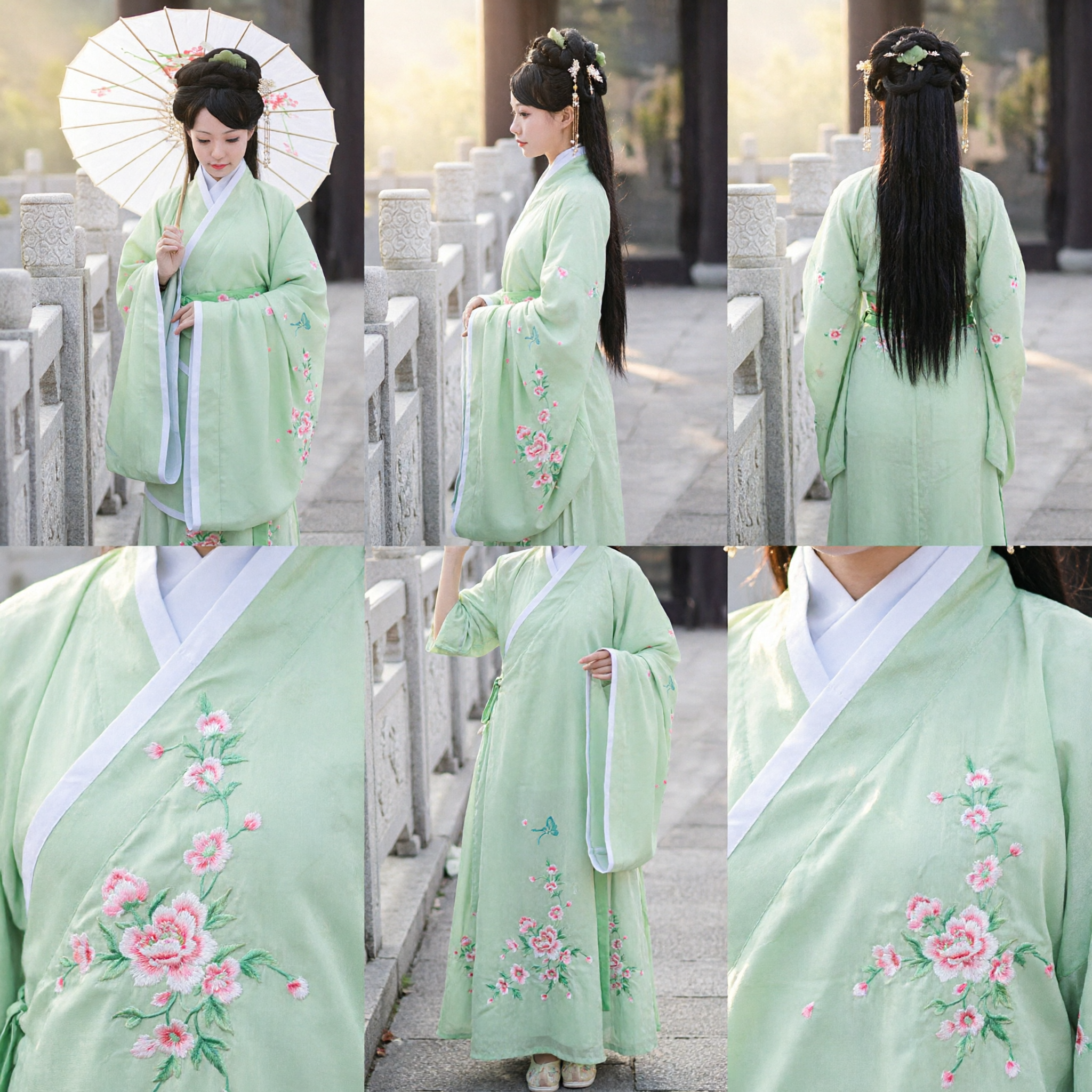 Elegancki jasnozielony Hanfu tradycyjny starożytny chiński kostium haftowany kwiatami komplet Ruqun dla kobiet - Asian Costume