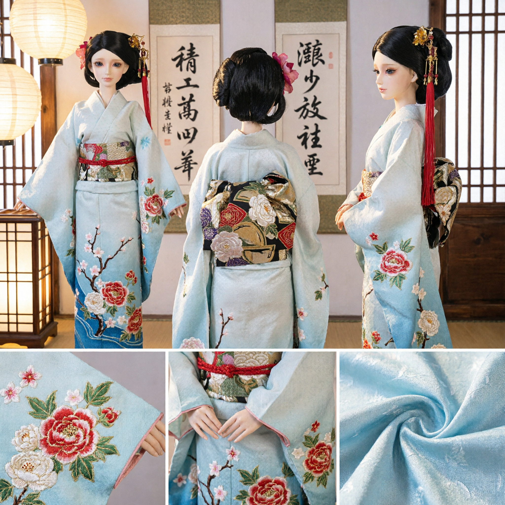 精巧な古代中国髪飾り 金の花と赤い房飾り付き 伝統漢服BJDドールアクセサリー - Asian Costume