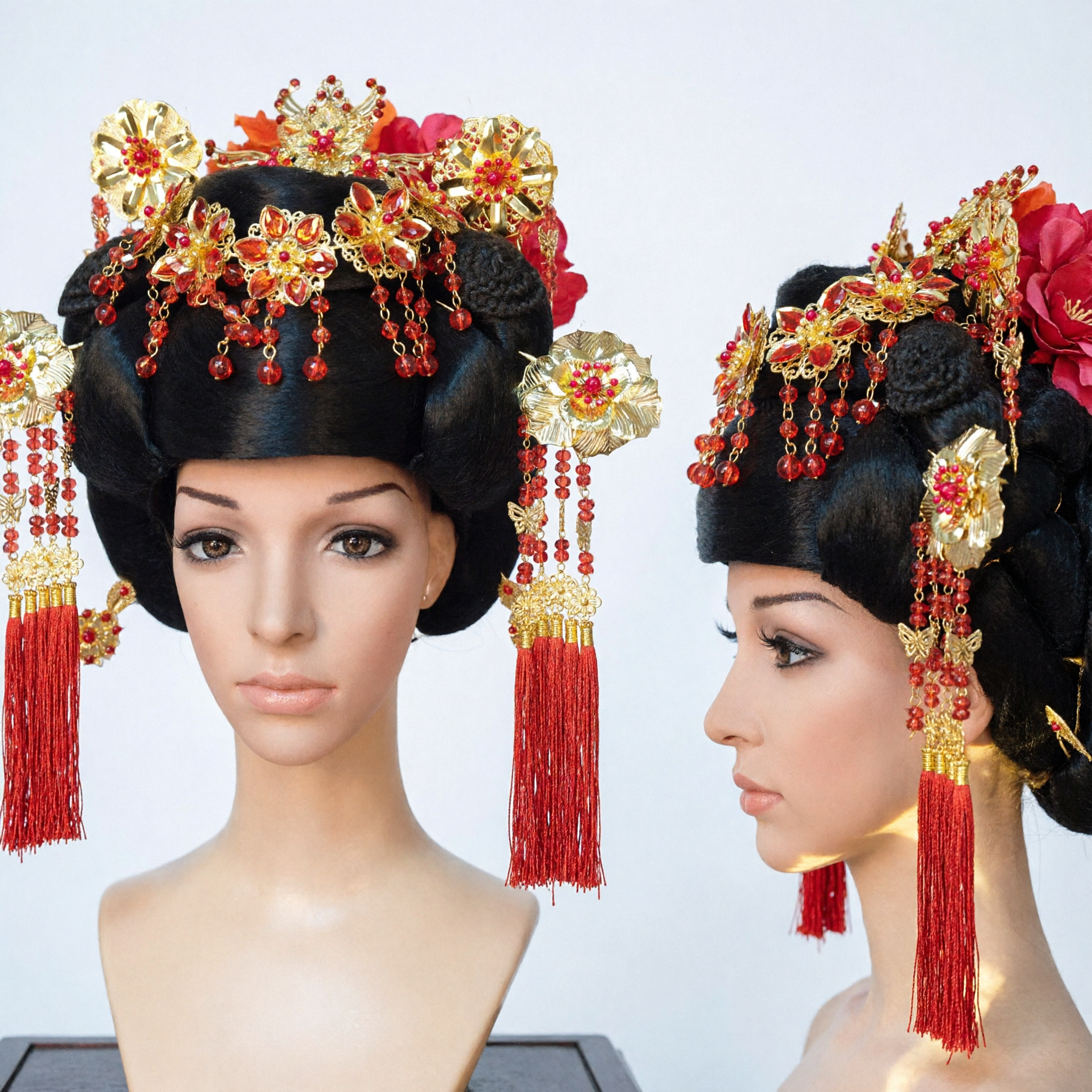 Ensemble de bijoux capillaires traditionnels chinois exquis - Couronne de phénix rouge et or de style ancien, coiffe de mariage Hanfu pour femmes - Asian Costume