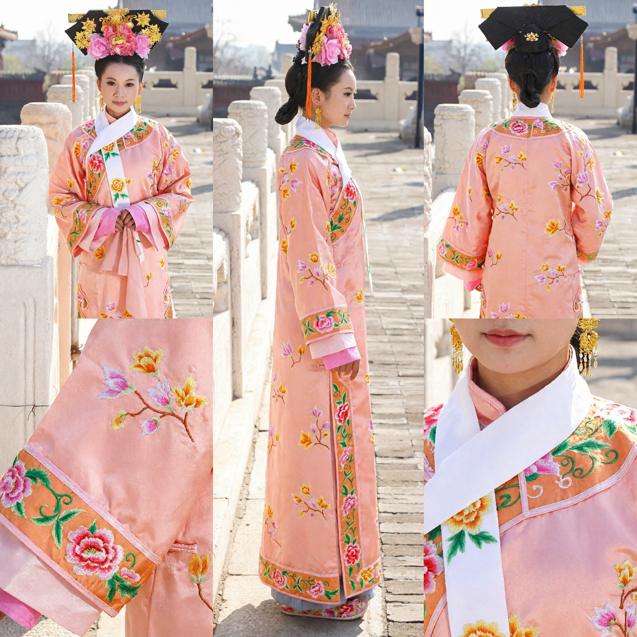 Traje de Princesa Manchu da Dinastia Qing Tradicional Chinesa, Túnica Rosa Bordada com Flores com Adorno de Cabeça para Cosplay Feminino - Asian Costume