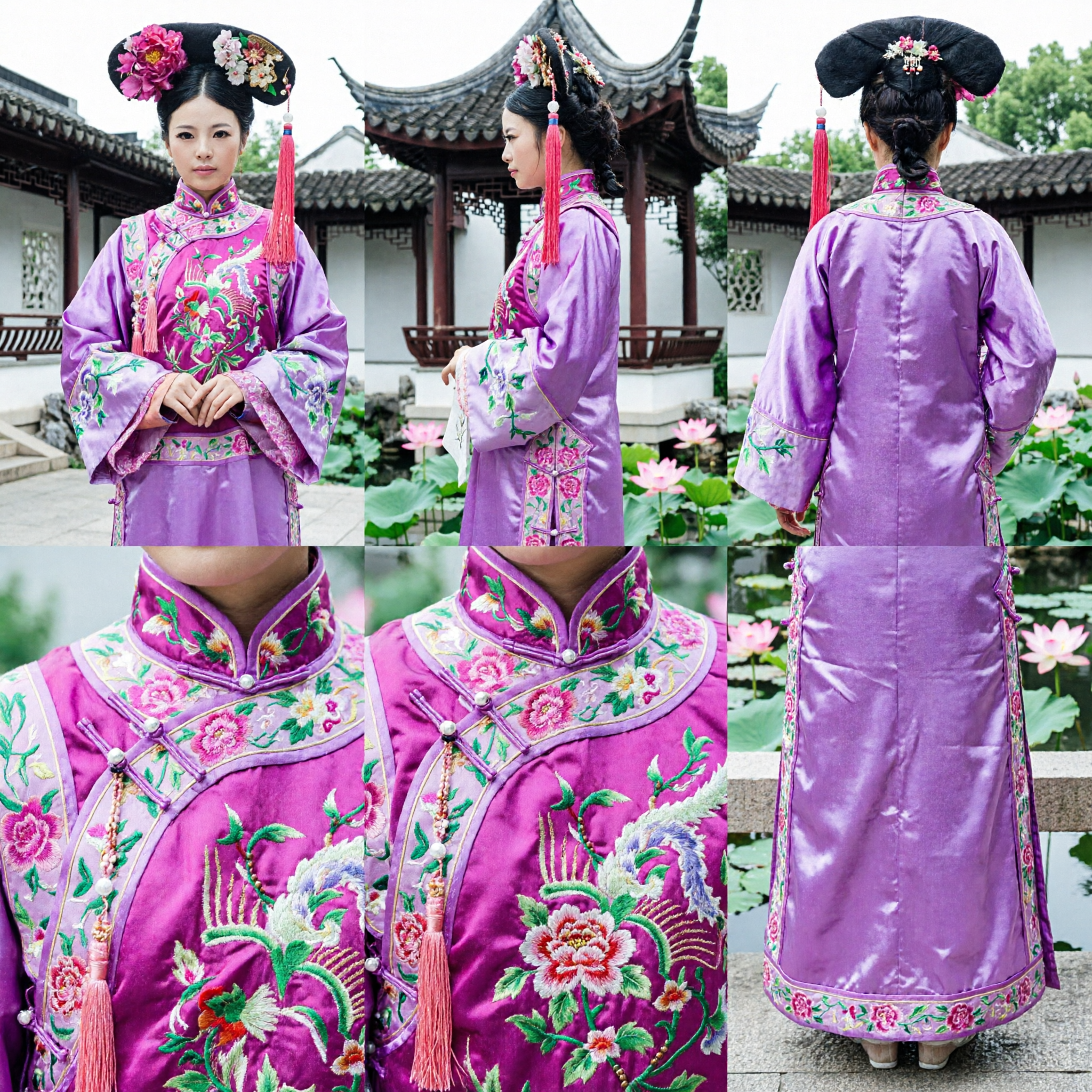 Costume d'Impératrice de la Dynastie Qing Chinoise Ancienne Robe Mandchoue Violette avec Coiffure Florale pour Cosplay et Spectacle Femmes - Asian Costume