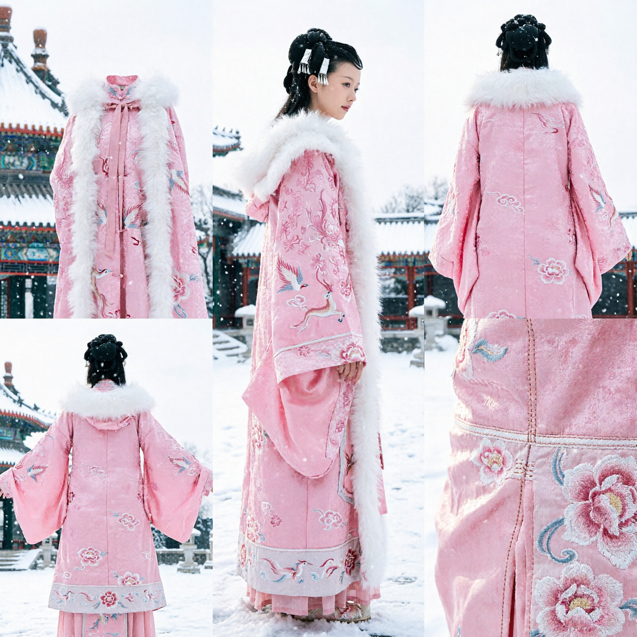Hanfu de Inverno Rosa Traje Tradicional Chinês com Gola de Pele Branca Vestido Antigo Bordado para Mulheres - Asian Costume