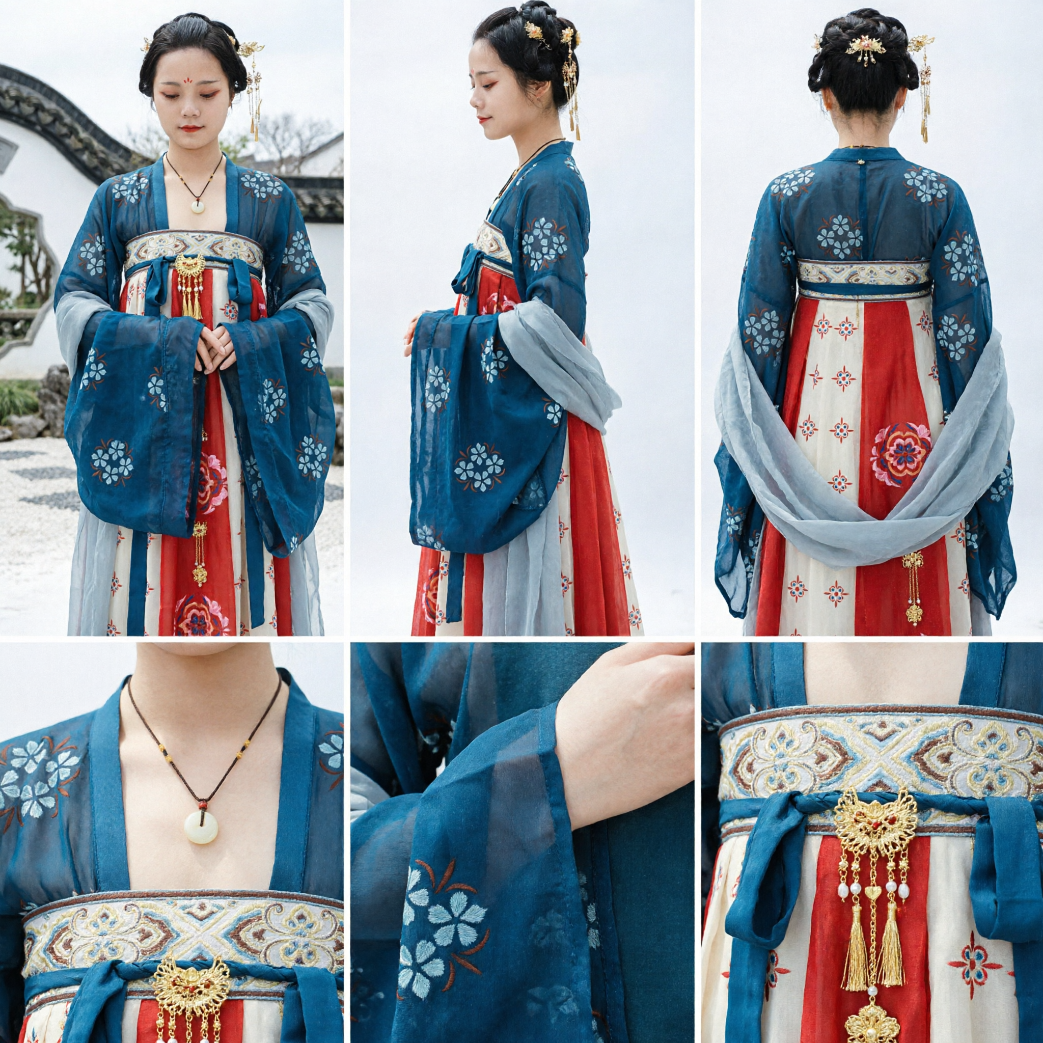 優雅な中国伝統漢服 唐王朝青花柄刺繍古代衣装 仙女ドレス 女性用 - Asian Costume
