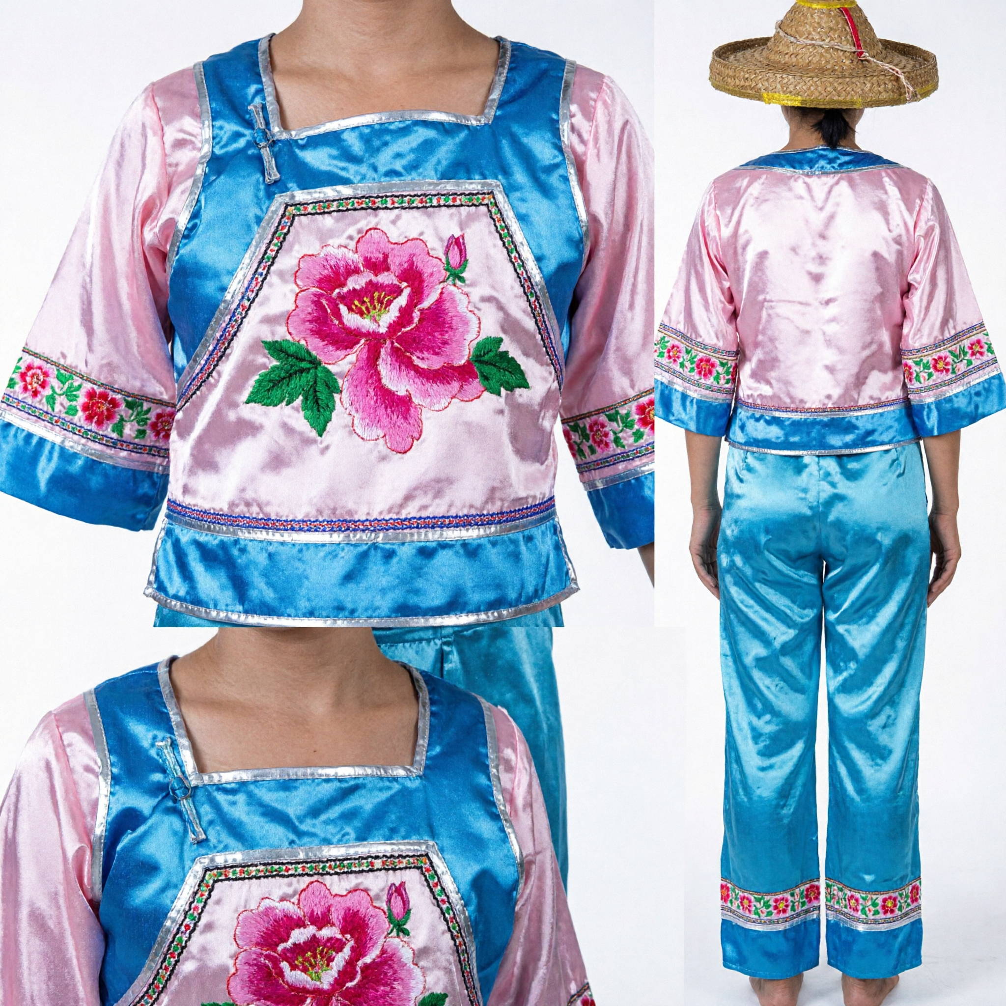 Traditional Chinese Folk Dance Costume for Girls Blue Satin Dress with Rose Pattern and Straw Hat Set - Asian Costume