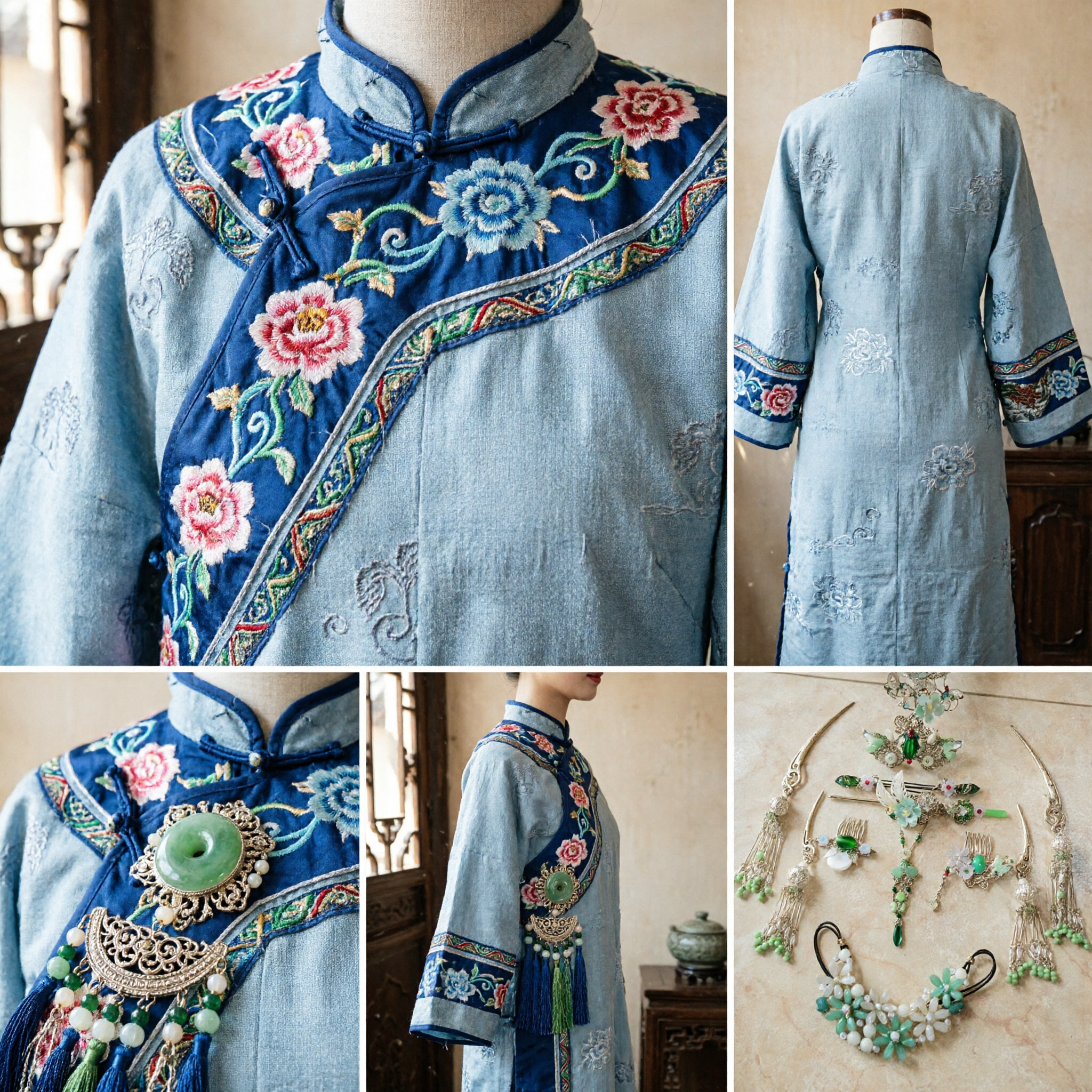 مجموعة إكسسوارات شعر الهانفو الصيني التقليدي، دبابيس وأمشاط شعر خضراء مزهرة وقلادة للنساء وزفاف الكوزبلاي - Asian Costume