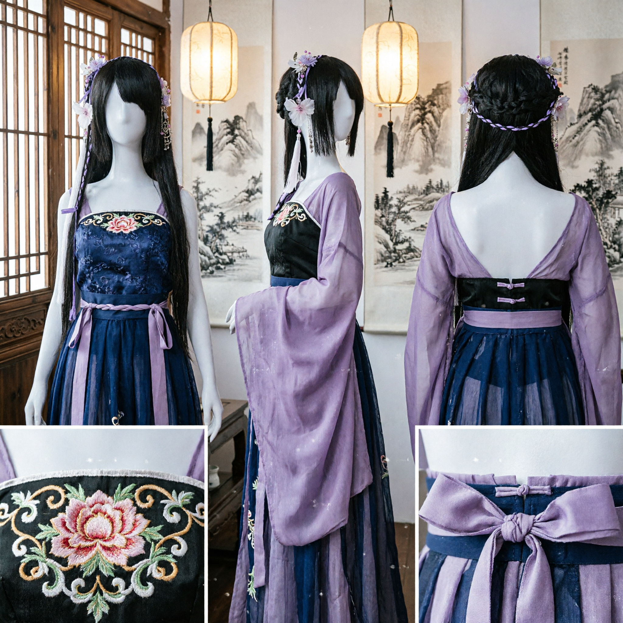 باروكة الأميرة الصينية القديمة، قطعة شعر الهانفو مع زهور أرجوانية وشرابات لزي الكوزبلاي التقليدي - Asian Costume