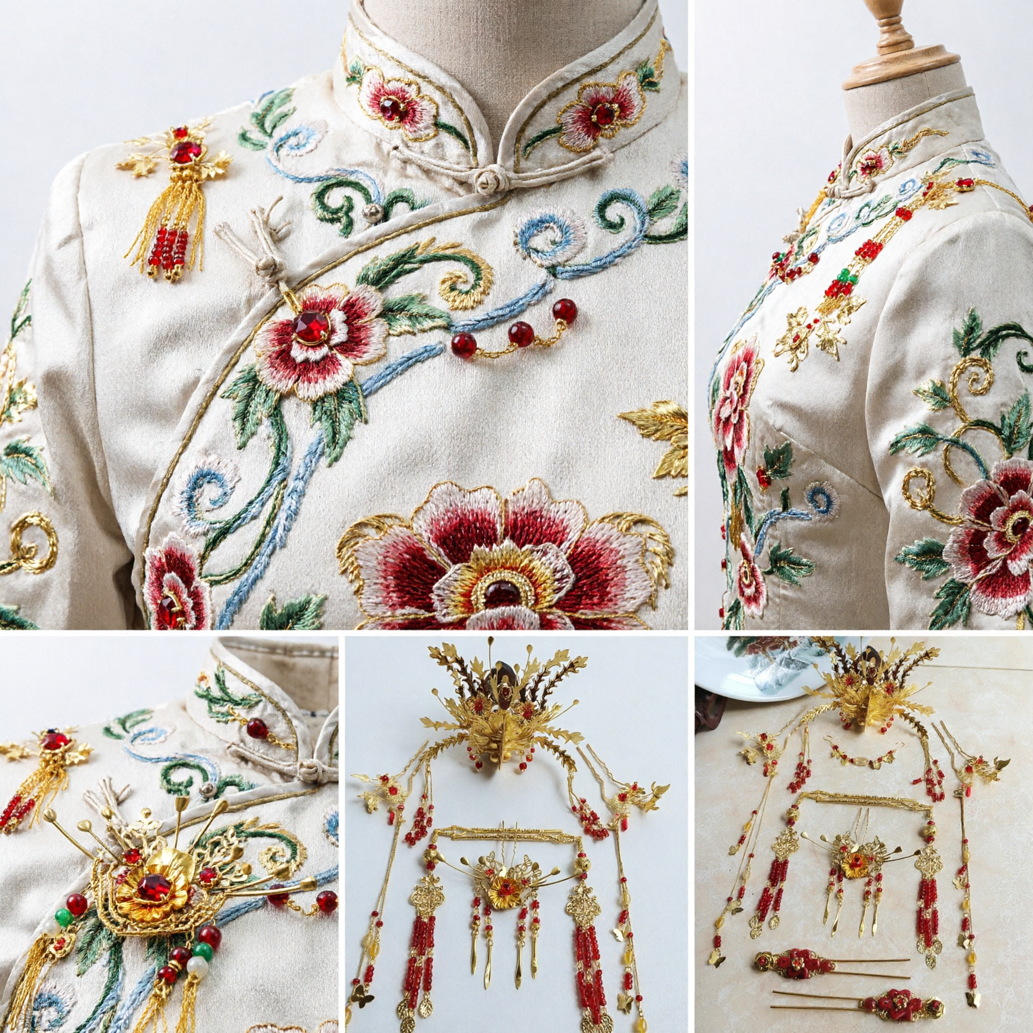 Chinesisches traditionelles Hochzeits-Haaraccessoires Set Goldene Phönix-Krone Haarnadeln für Braut Hanfu Xiuhe-Anzug - Asian Costume