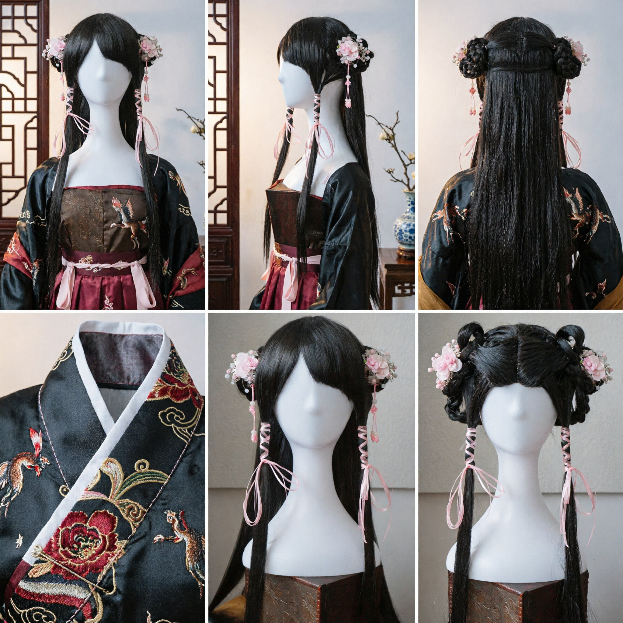 Lange Zwarte Oude Chinese Pruik Hanfu Haarstuk met Roze Bloemen Haarspelden voor Traditioneel Kostuum Cosplay - Asian Costume