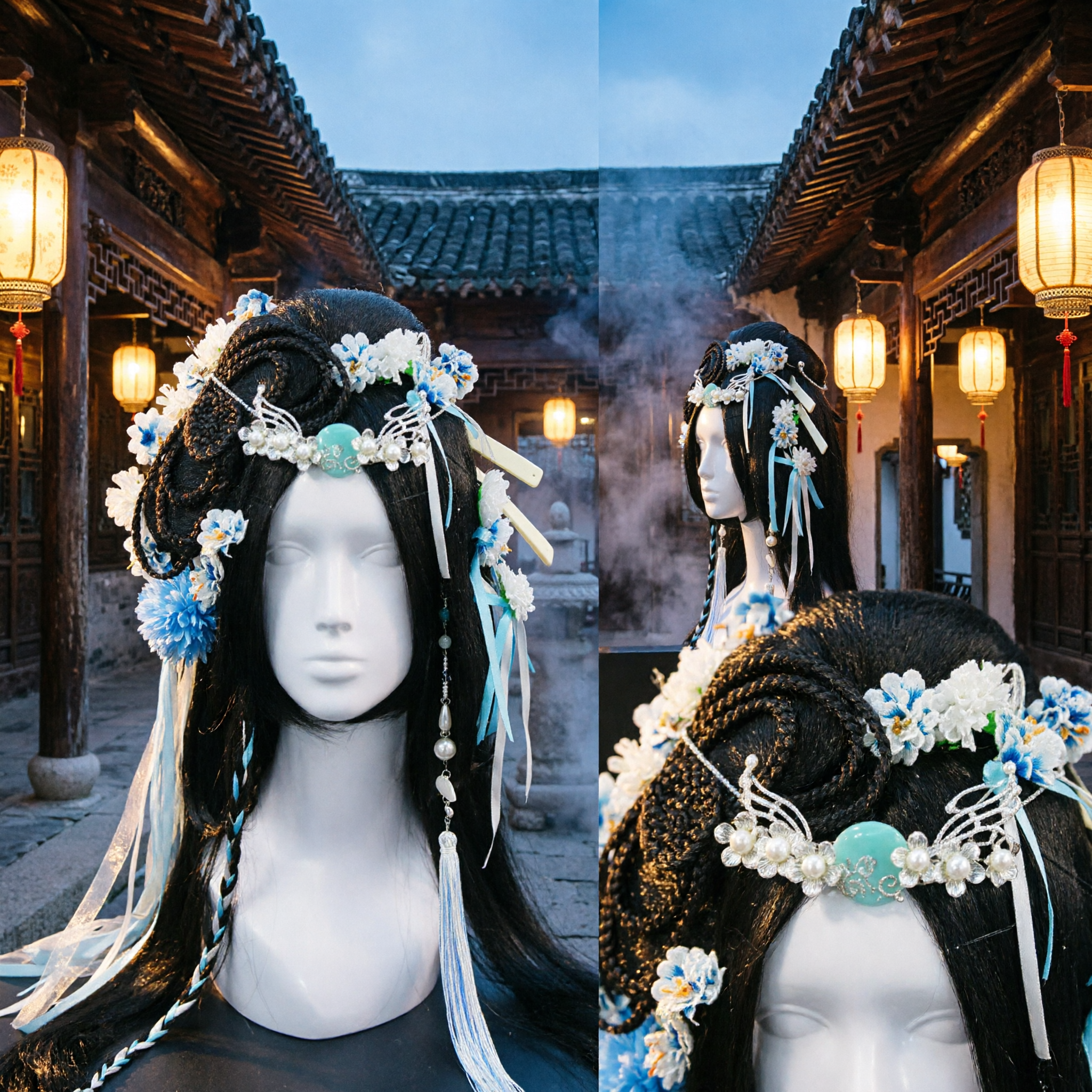 Oude Chinese Peri Haaraccessoires Blauw Witte Bloemen Hoofdtooi met Gevlochten Pruik voor Hanfu Cosplay - Asian Costume