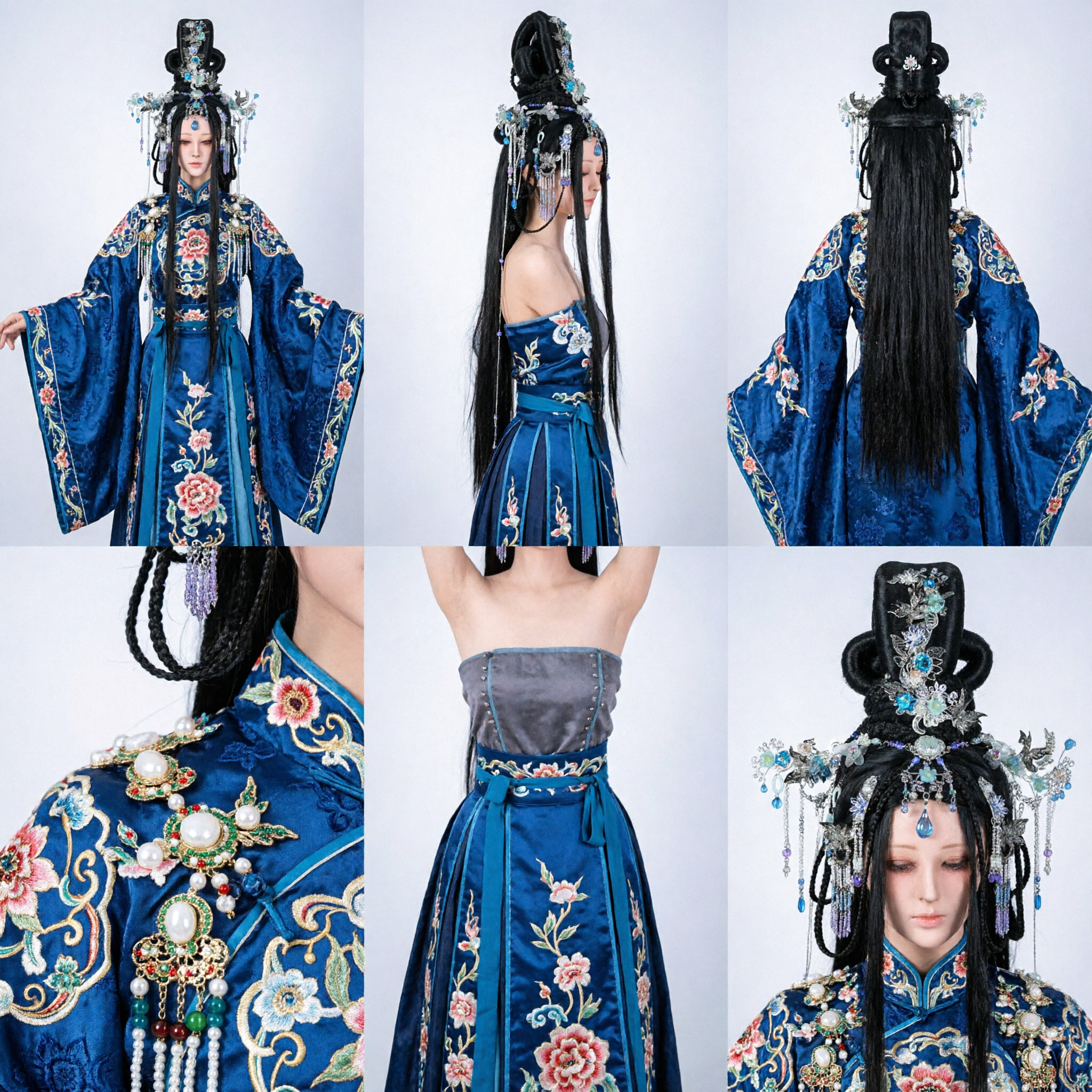 Tocado de Princesa China Antigua con Peluca Negra y Joyería Azul para Cosplay y Eventos Hanfu - Asian Costume
