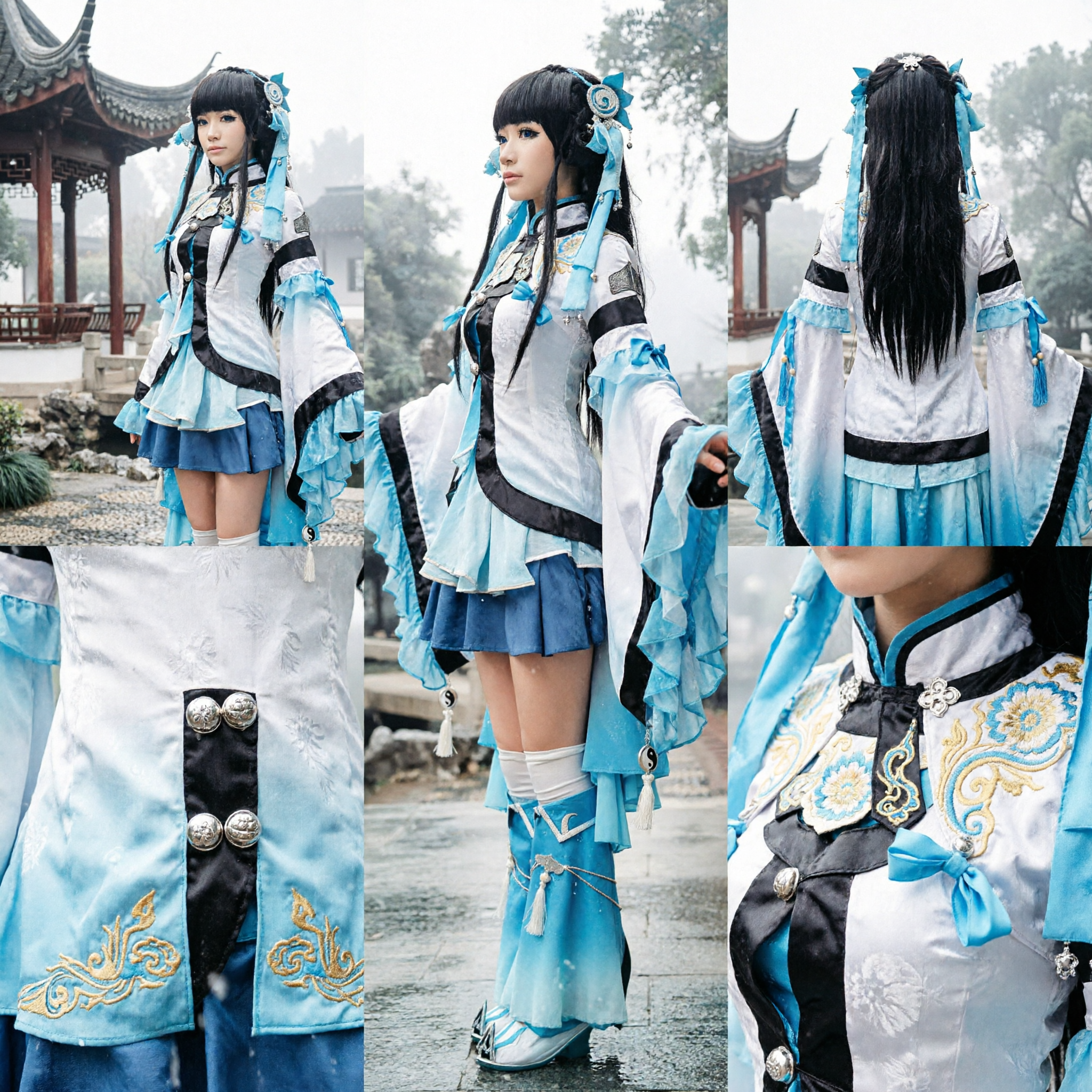Blauwe Chinese Wuxia Zwaardvechter Cosplay-kostuum Vrouwelijk Oud Fantasy Hanfu Outfit voor Halloweenfeest - Asian Costume