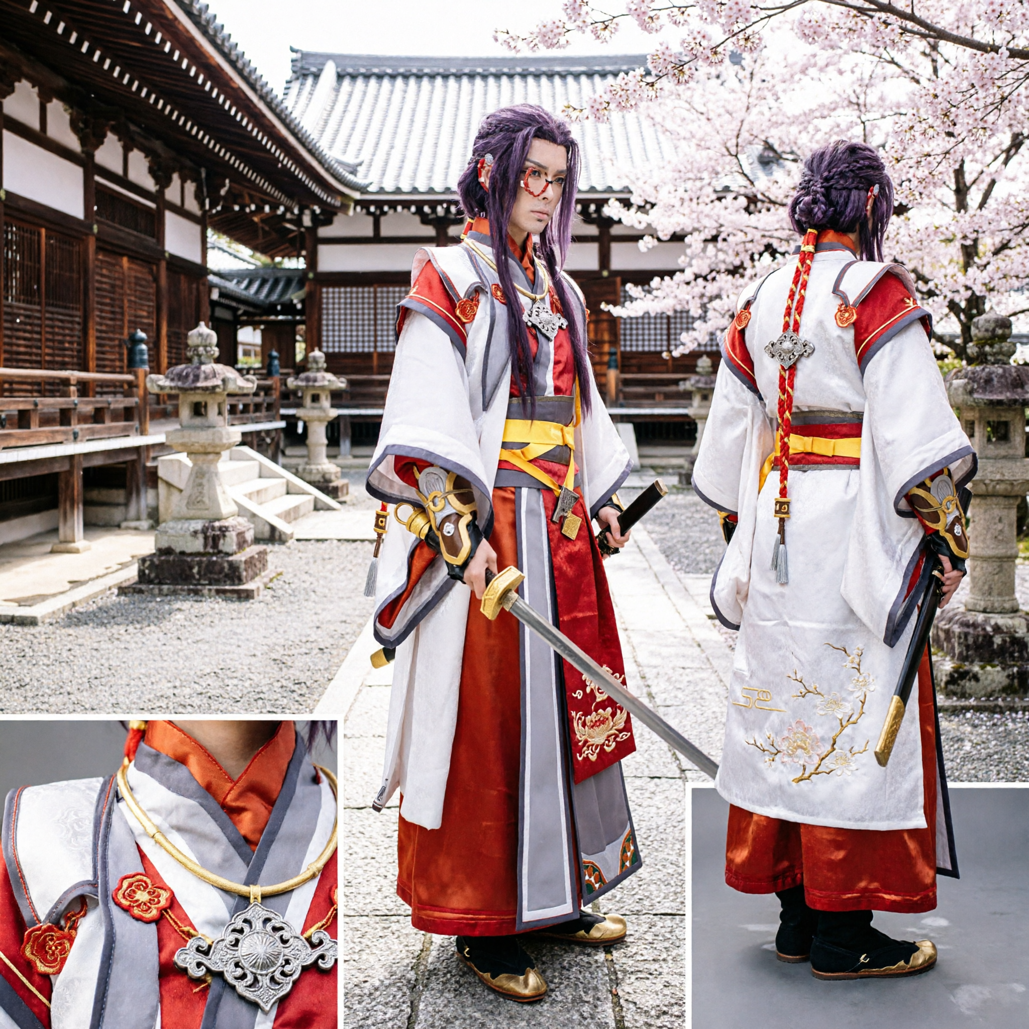 전통 중국 무협 검객 코스프레 의상 빨간색과 흰색 고대 한푸 로브 남성용 완전 세트 - Asian Costume