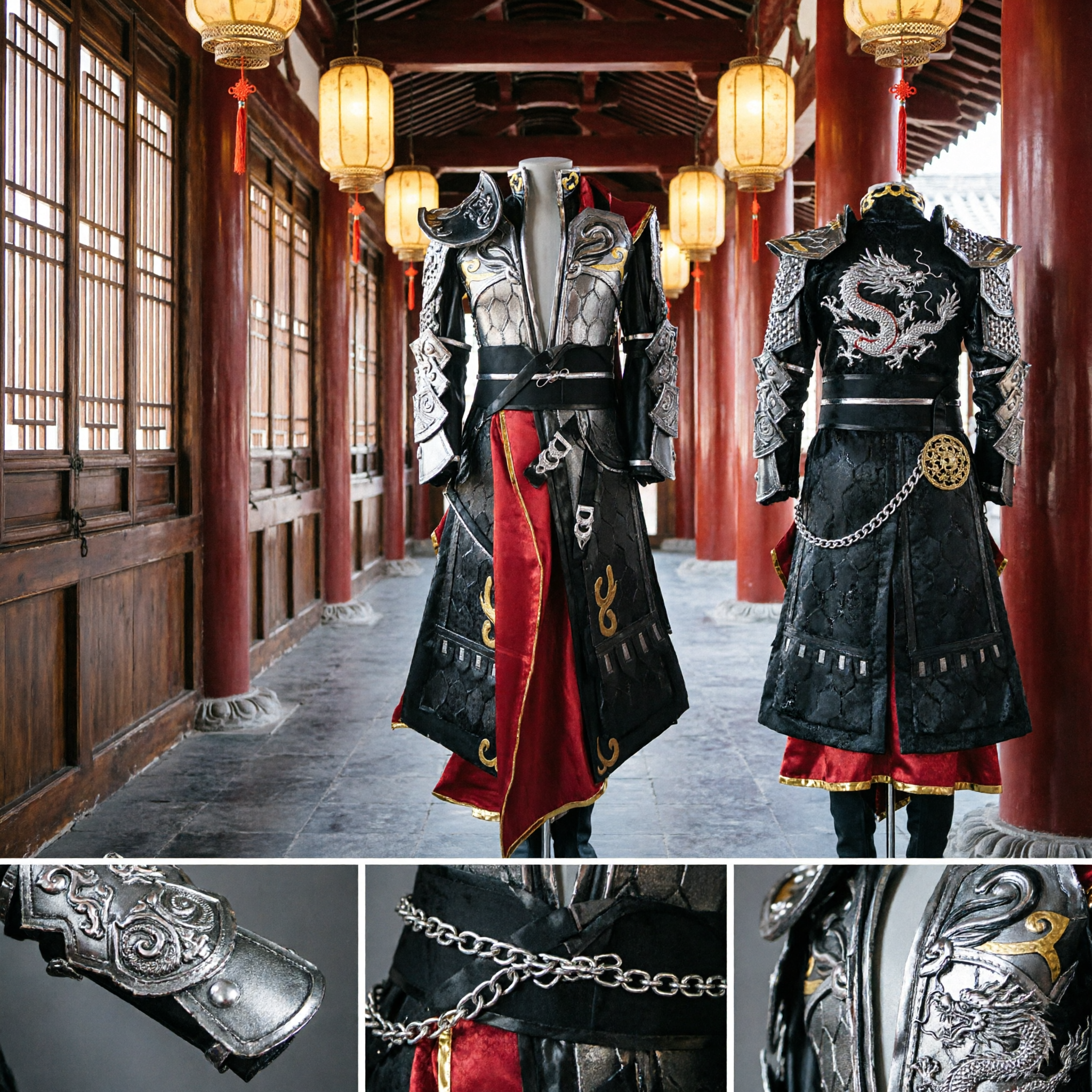 Costume d'armure de général chinois ancien - Tenue de cosplay Hanfu pour hommes pour spectacle sur scène et jeu de rôle - Asian Costume