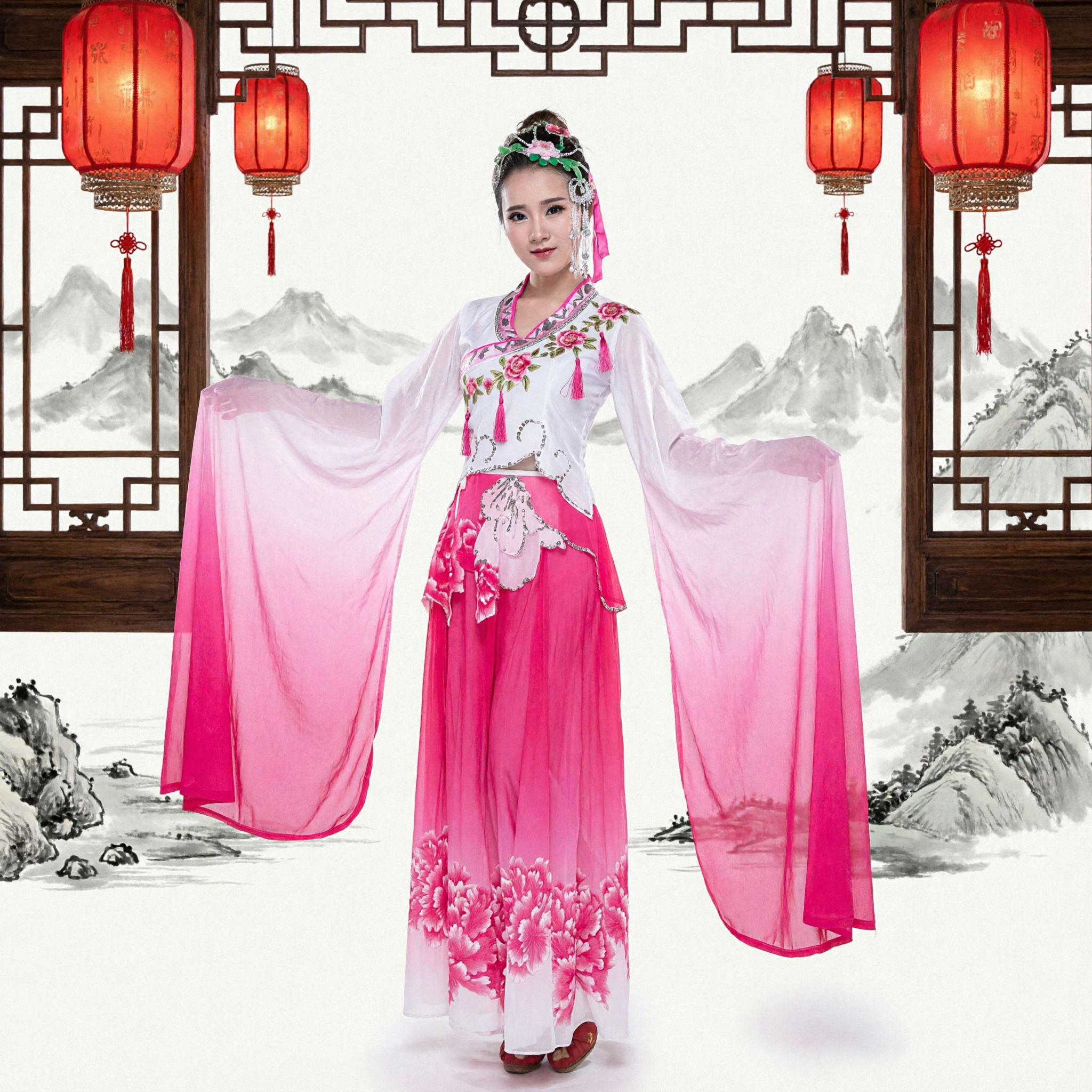 Traje de Dança Clássica Chinesa Rosa com Mangas Longas de Água Vestido de Performance Folclórica Yangge no Palco para Mulheres - Asian Costume
