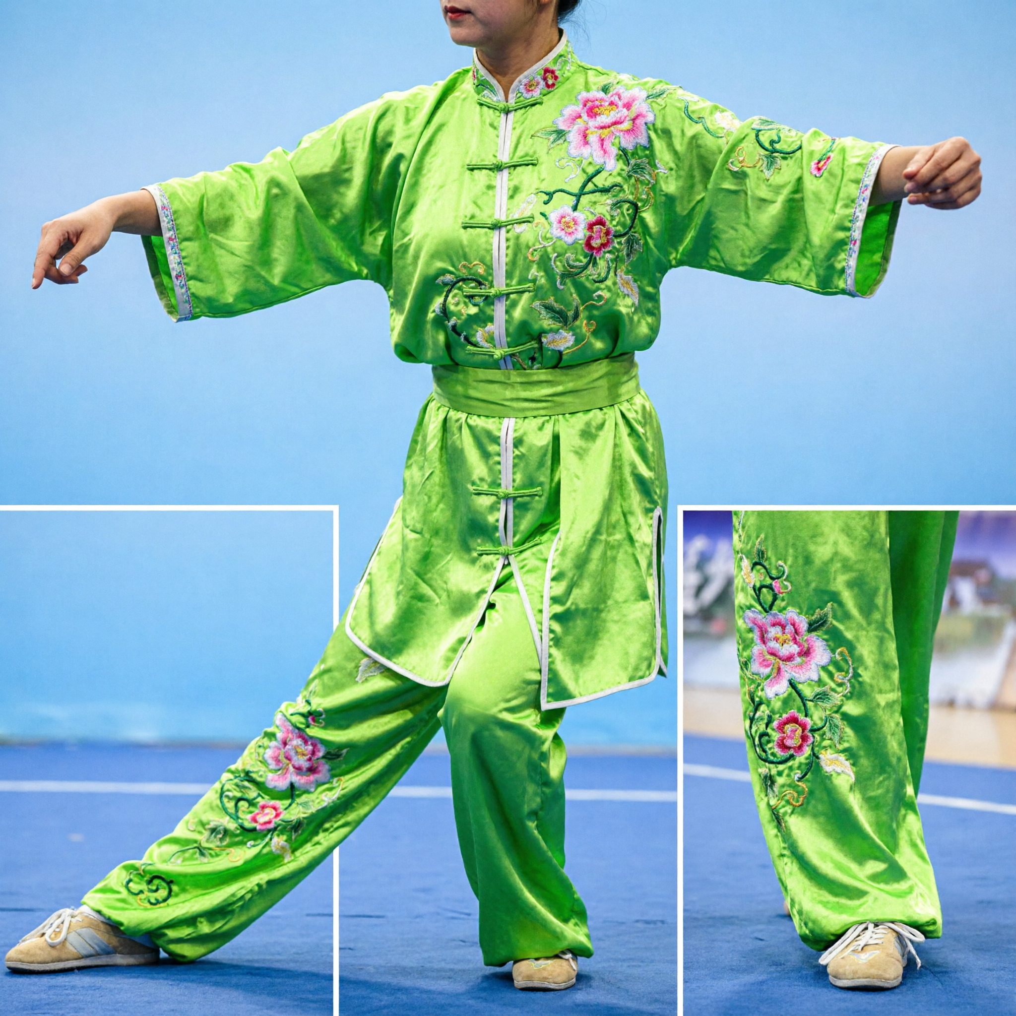 Uniforme Wushu per Bambini Verde con Ricamo Floreale Costume Kung Fu Cinese Tradizionale per Ragazze per Esibizioni di Arti Marziali - Asian Costume