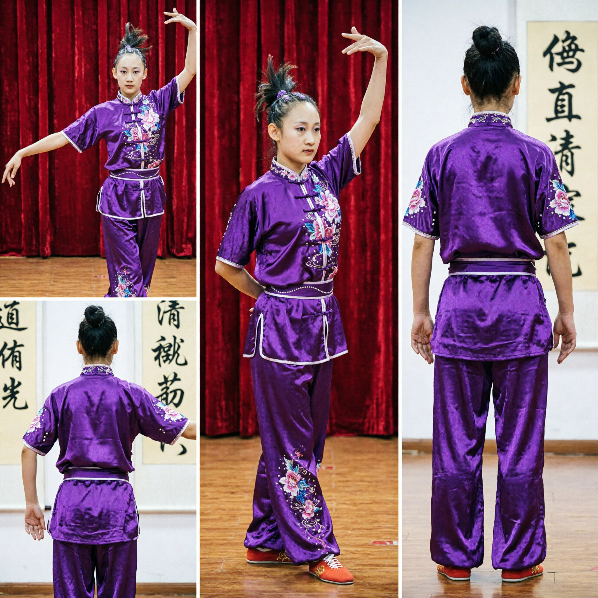 Uniforme Wushu Professionale Viola per Ragazze Costume Kung Fu per Bambini Tuta da Gara Tai Chi con Ricamo Floreale - Asian Costume