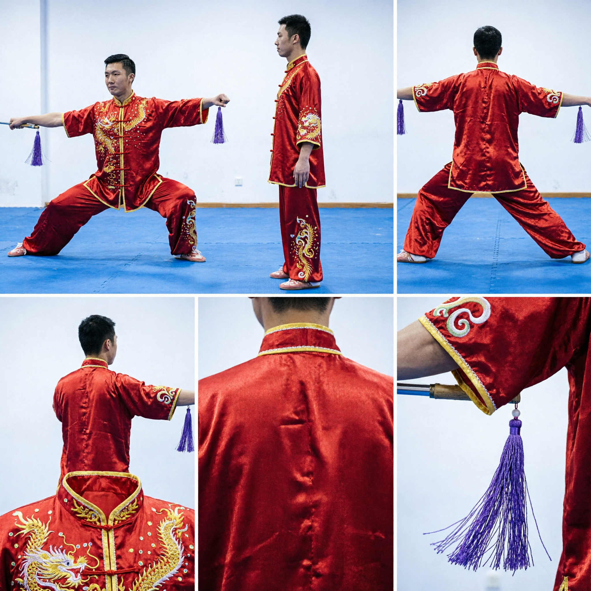 男性用 赤 龍刺繍 武術 カンフー ユニフォーム 伝統的中国 武術 競技用コスチューム - Asian Costume