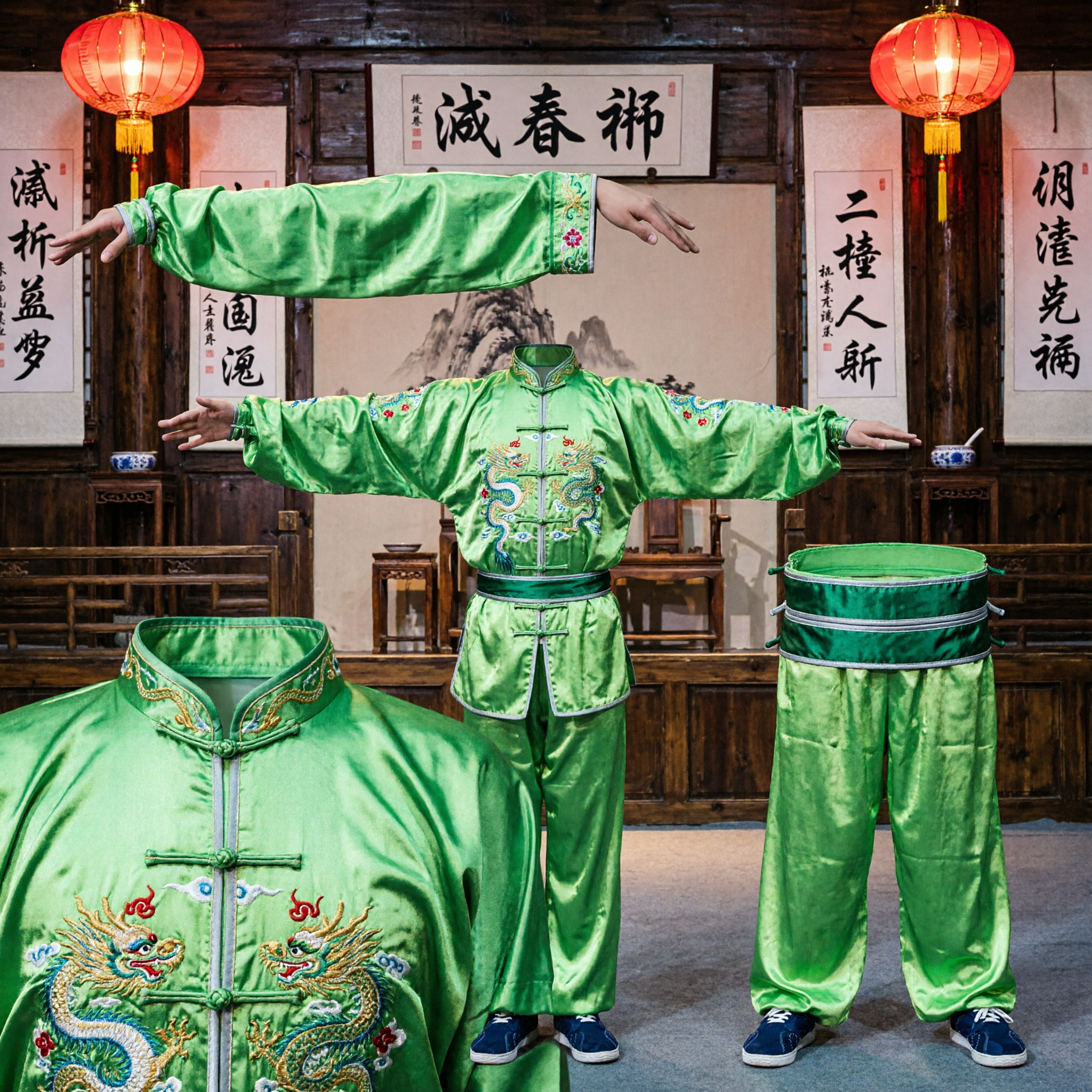 Mannen Groen Traditioneel Chinese Wushu Kung Fu Uniform voor Martial Arts Wedstrijdoptreden - Asian Costume