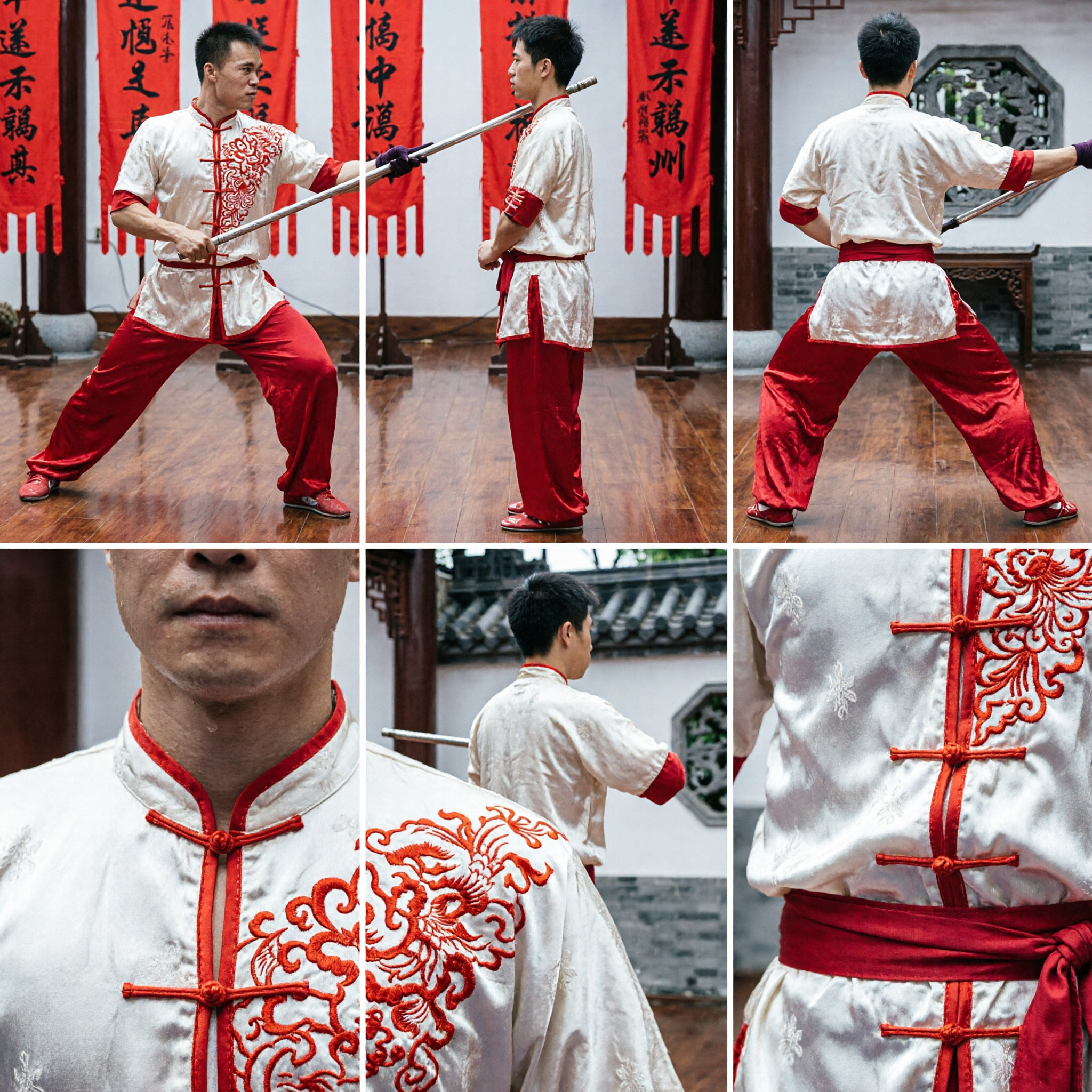 Mannen Traditioneel Chinese Wushu Kung Fu Uniform Wit Rood Drakenborduurwerk Wedstrijd Podiumpak - Asian Costume