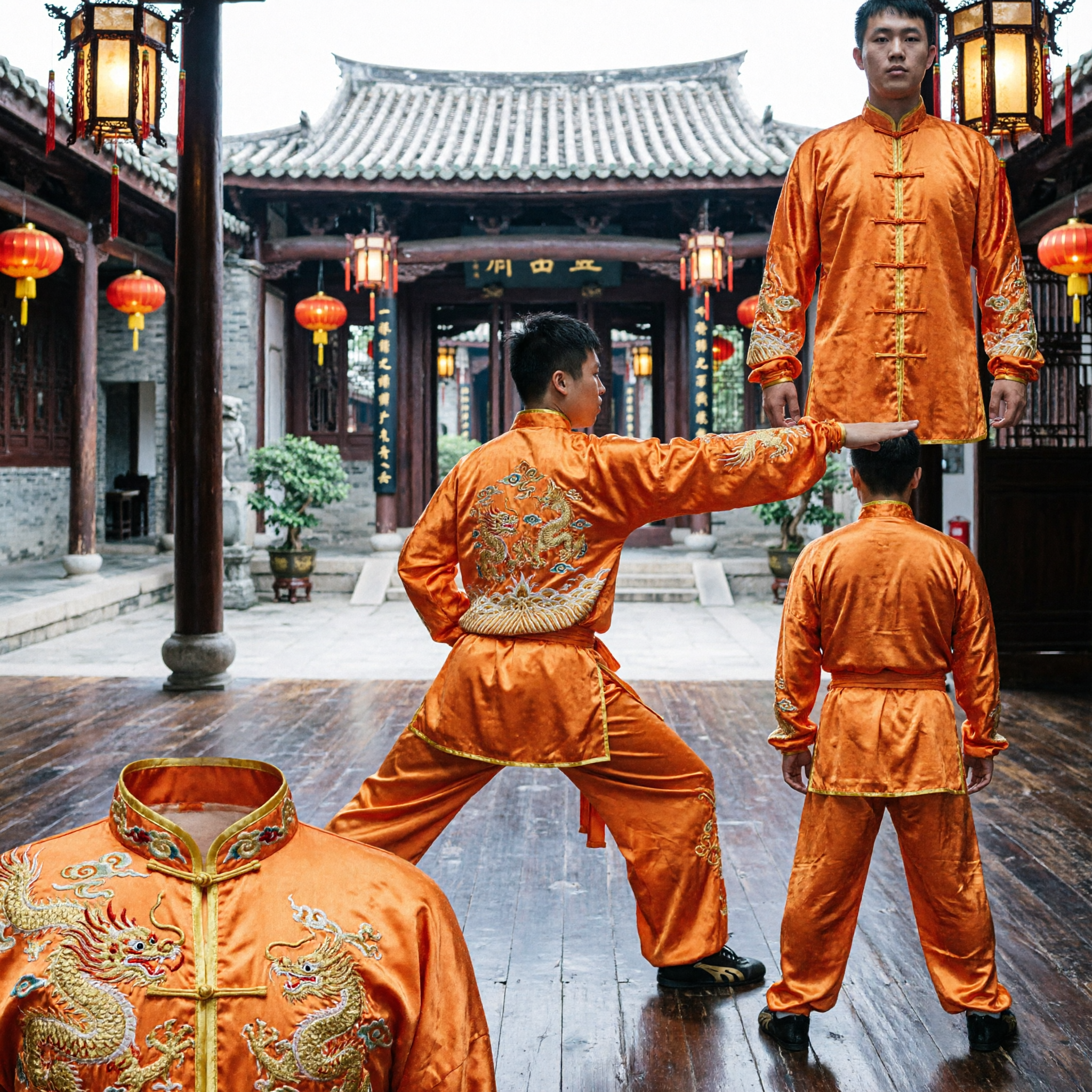 Męski Pomarańczowy Mundur Kung Fu Changquan ze Złotym Haftem na Tradycyjne Zawody i Występy Wushu - Asian Costume