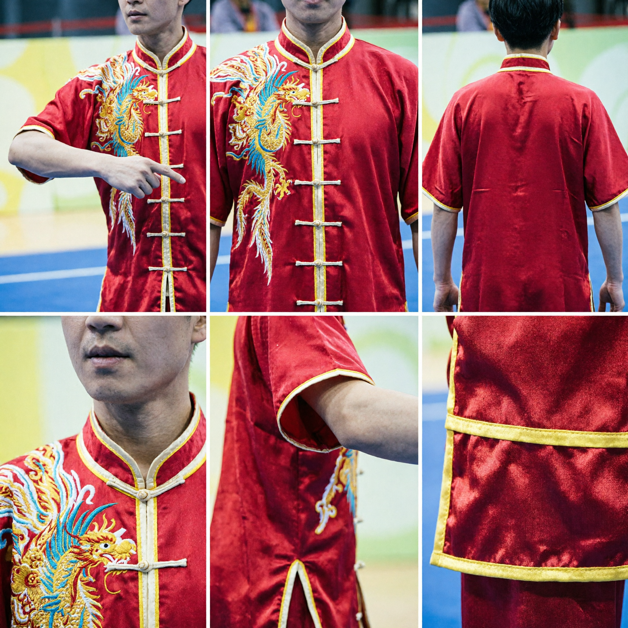 Conjunto Tradicional de Uniforme Vermelho de Kung Fu para Homens com Bordado Dourado para Competição de Wushu Tai Chi - Asian Costume