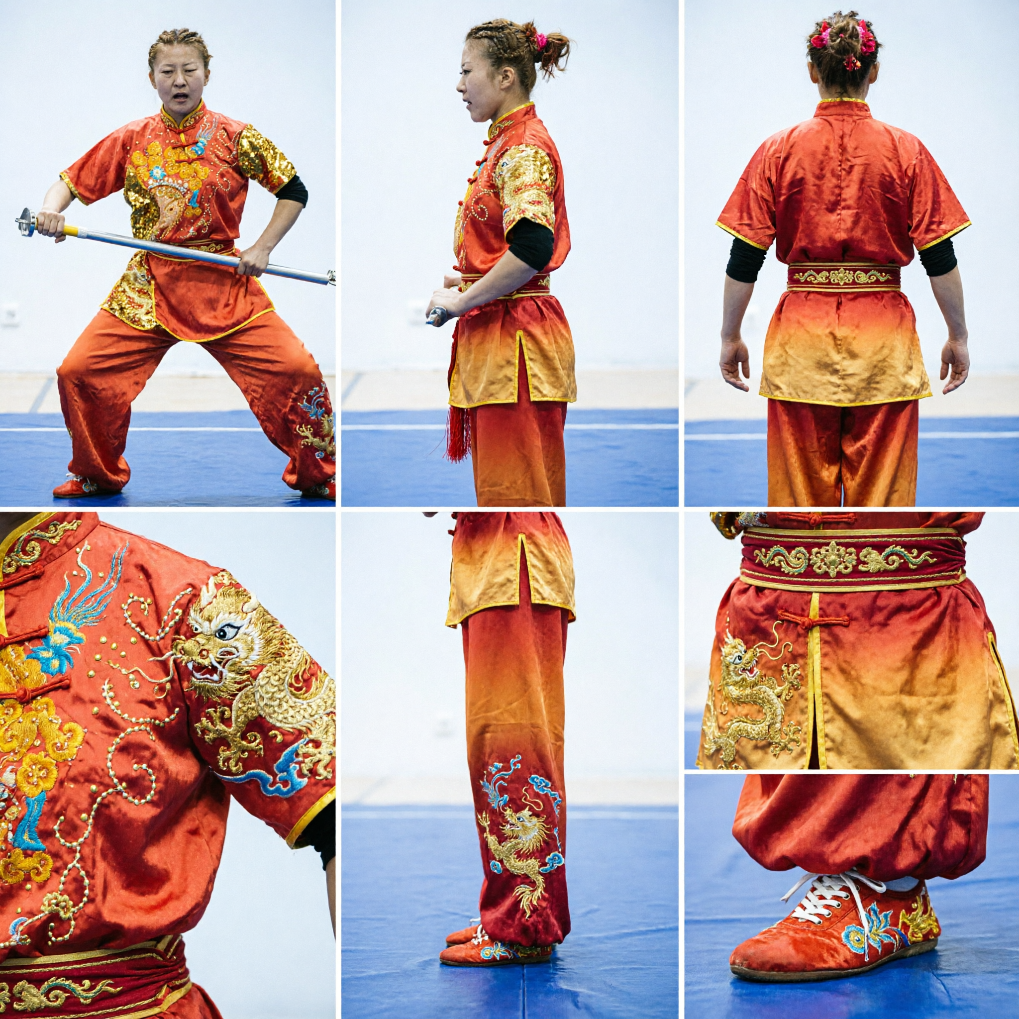 Damen Orange Gold Pailletten Drachen Wushu Changquan Uniform Traditionelles Kung Fu Kampfkunst Wettbewerbskostüm - Asian Costume