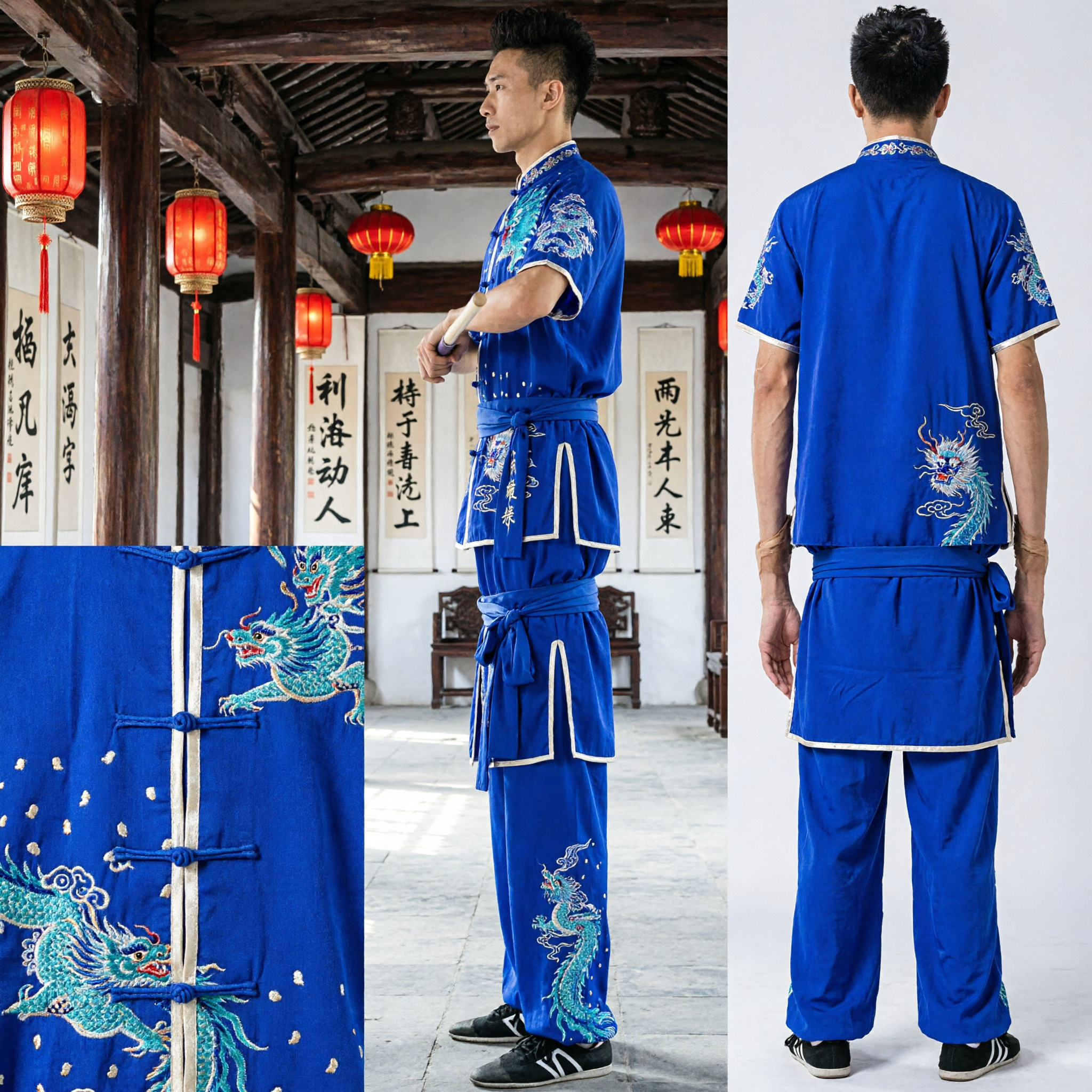 Męski niebieski jedwabny strój Wushu haftowany Changquan kombinezon Kung Fu do występów i zawodów sztuk walki - Asian Costume