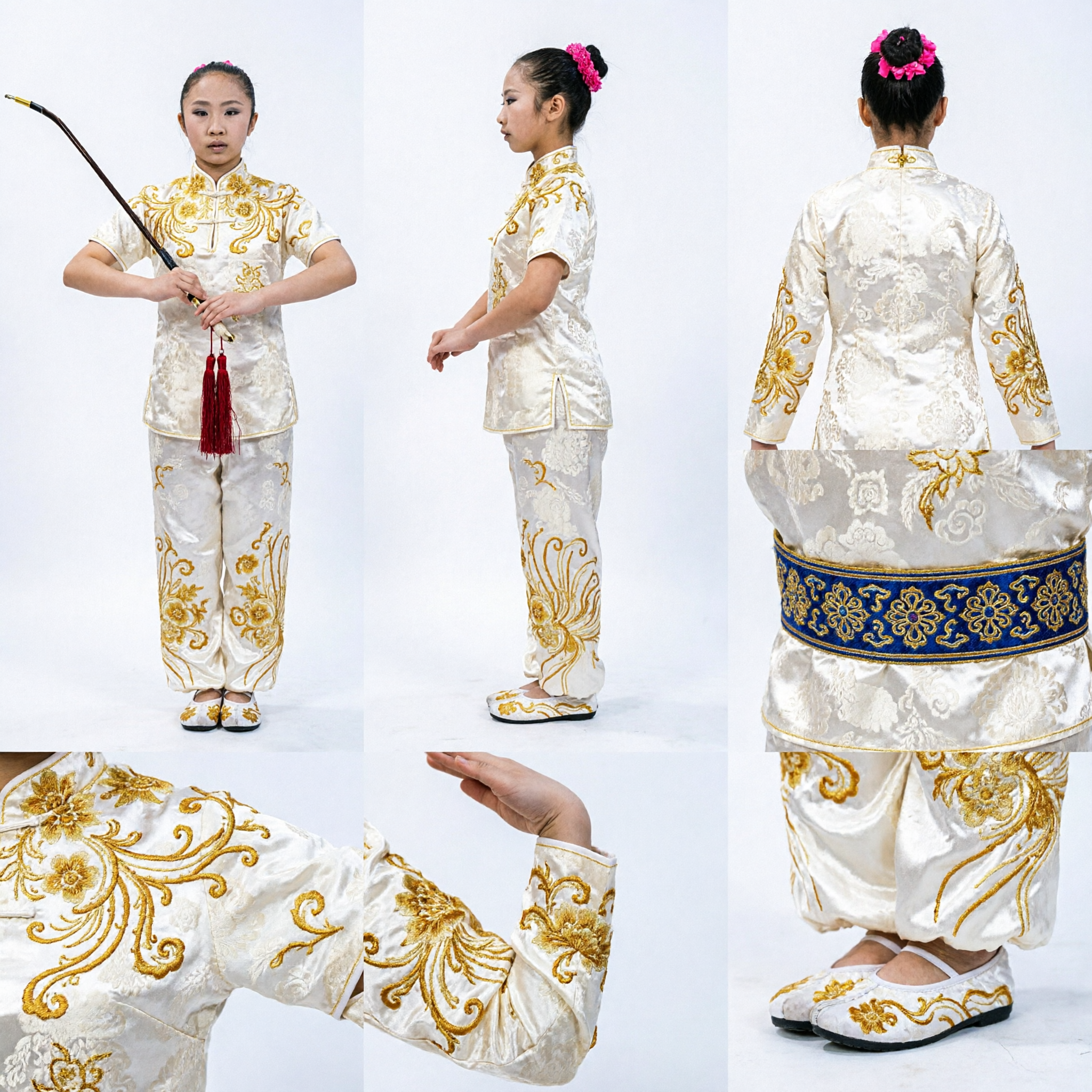 Uniforme de Wushu para Mulheres Branco com Bordado Dourado, Fantasia Tradicional Chinesa de Artes Marciais para Competição de Changquan - Asian Costume