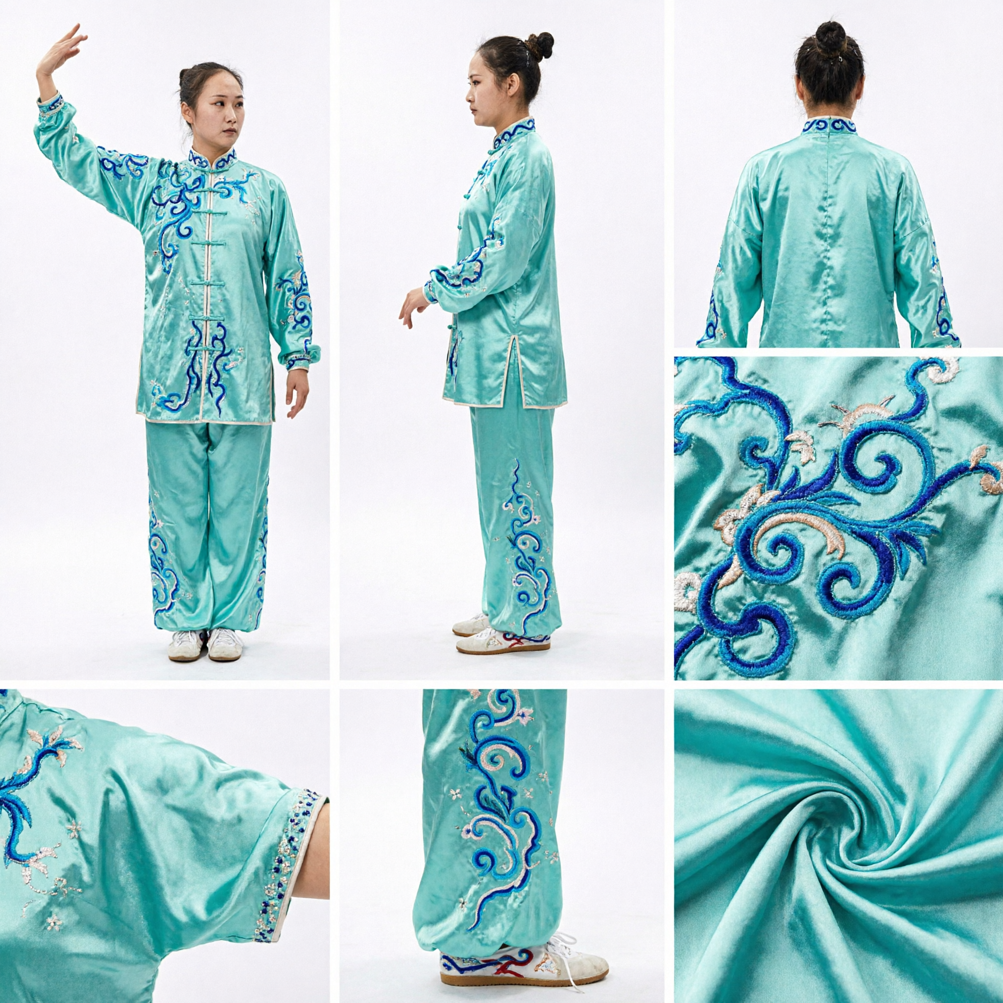 Conjunto de Uniforme de Wushu Changquan Profissional para Mulheres em Azul-Petróleo com Bordado Intrincado para Competição e Treino de Artes Marciais - Asian Costume