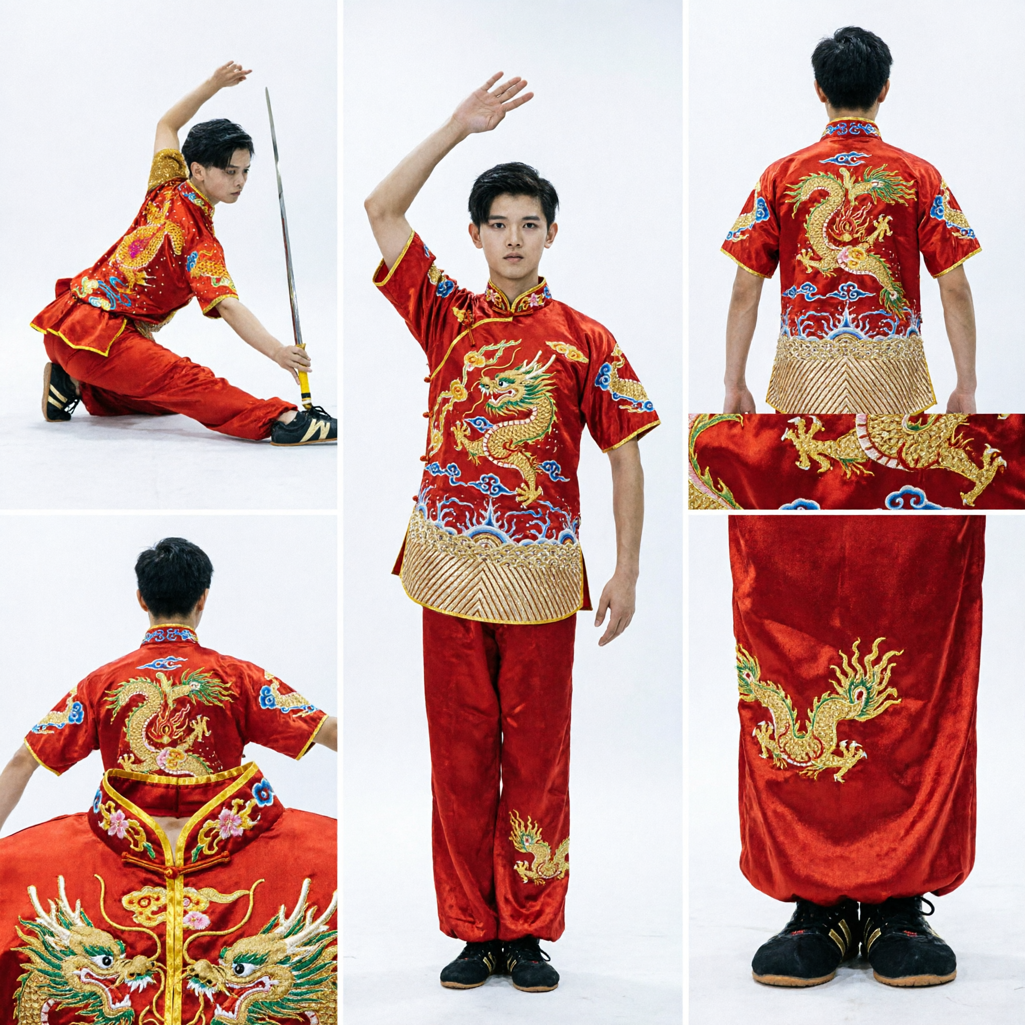 Uniforme Kung Fu Tradizionale Cinese per Bambini Maschi, Costume da Performance Wushu con Ricamo del Drago Rosso - Asian Costume