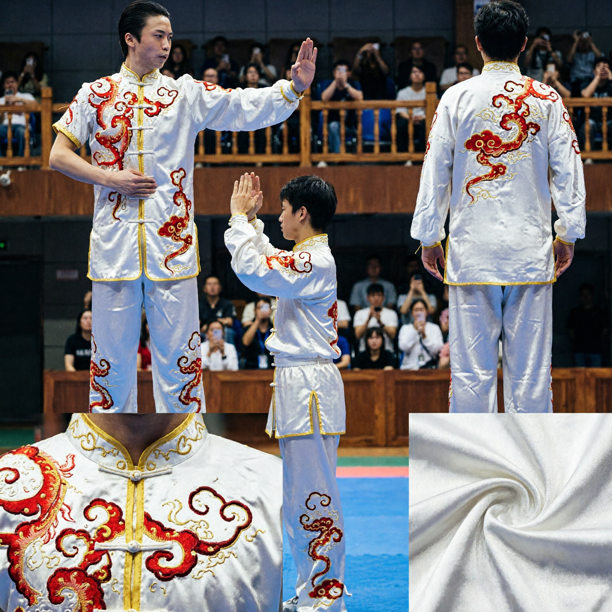 Męski biały strój Kung Fu z haftem smoka, kostium Wushu do zawodów, strój sztuk walki Tai Chi do występów - Asian Costume