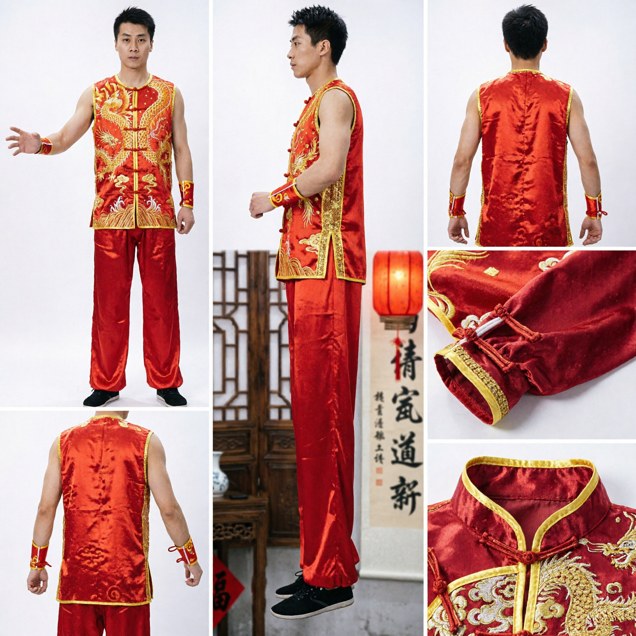 男性用赤龍刺繍カンフーユニフォーム 伝統武術競技パフォーマンス中国武術衣装 - Asian Costume