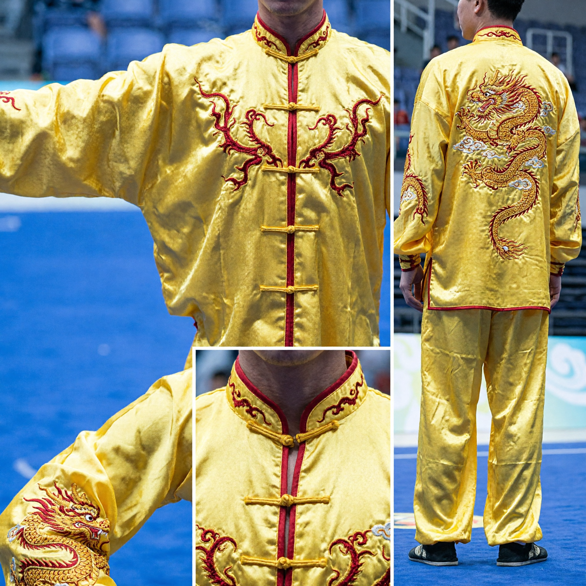 Herren Gelbe Drachenstickerei Wushu-Uniform Traditionelles Kung-Fu Kampfkunst Wettbewerbs-Aufführungsanzug - Asian Costume