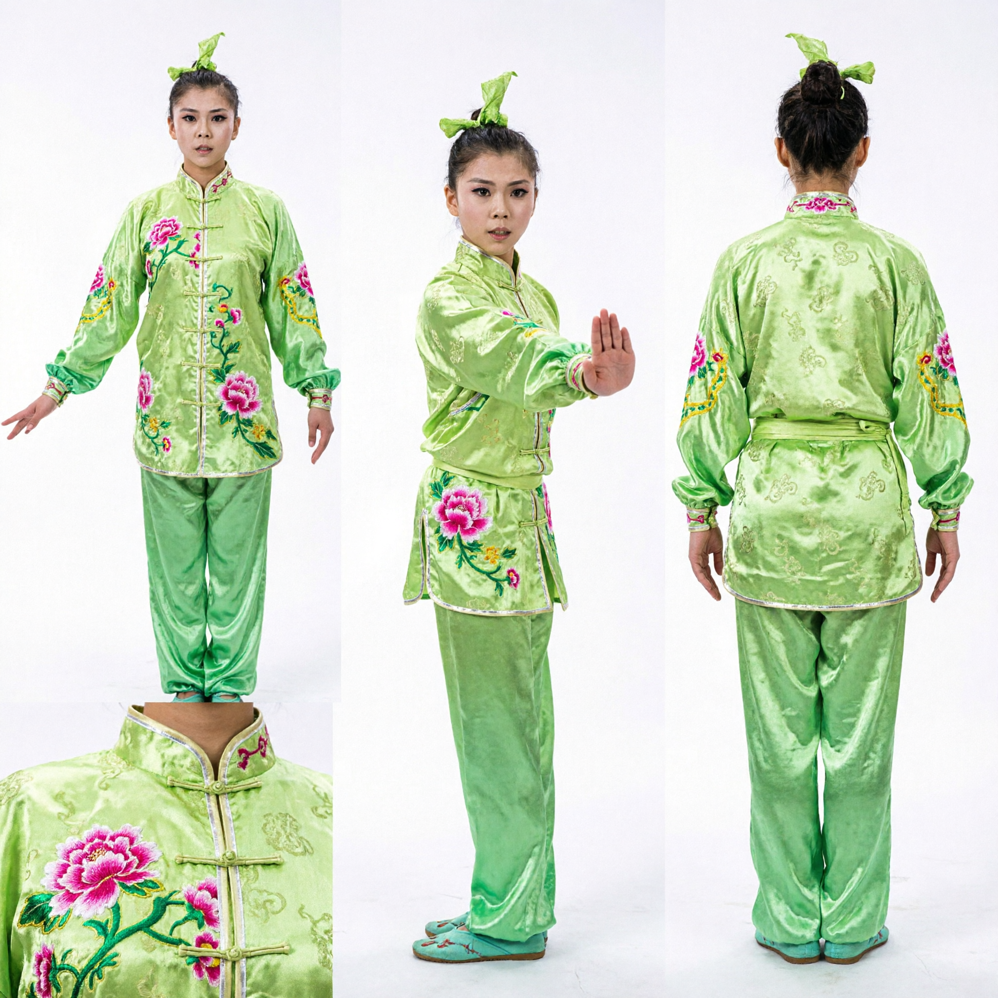 Uniforme Wushu Kung Fu per Bambine Verde con Motivi Floreali, Costume da Performance e Competizione di Arti Marziali Tradizionali Cinesi - Asian Costume
