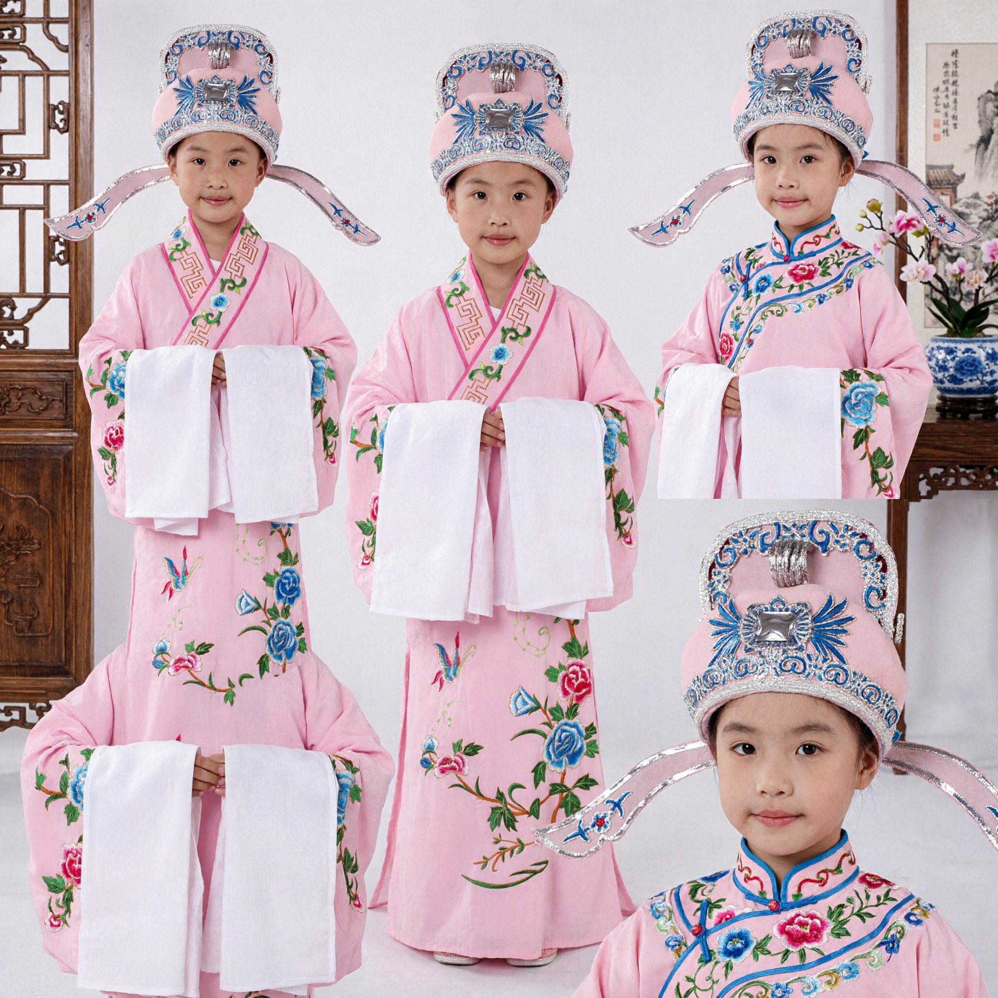 Kinderen Chinese Opera Geleerdenkostuum Roze Geborduurd Gewaad met Hoed Traditioneel Optreden Outfit voor Jongens - Asian Costume