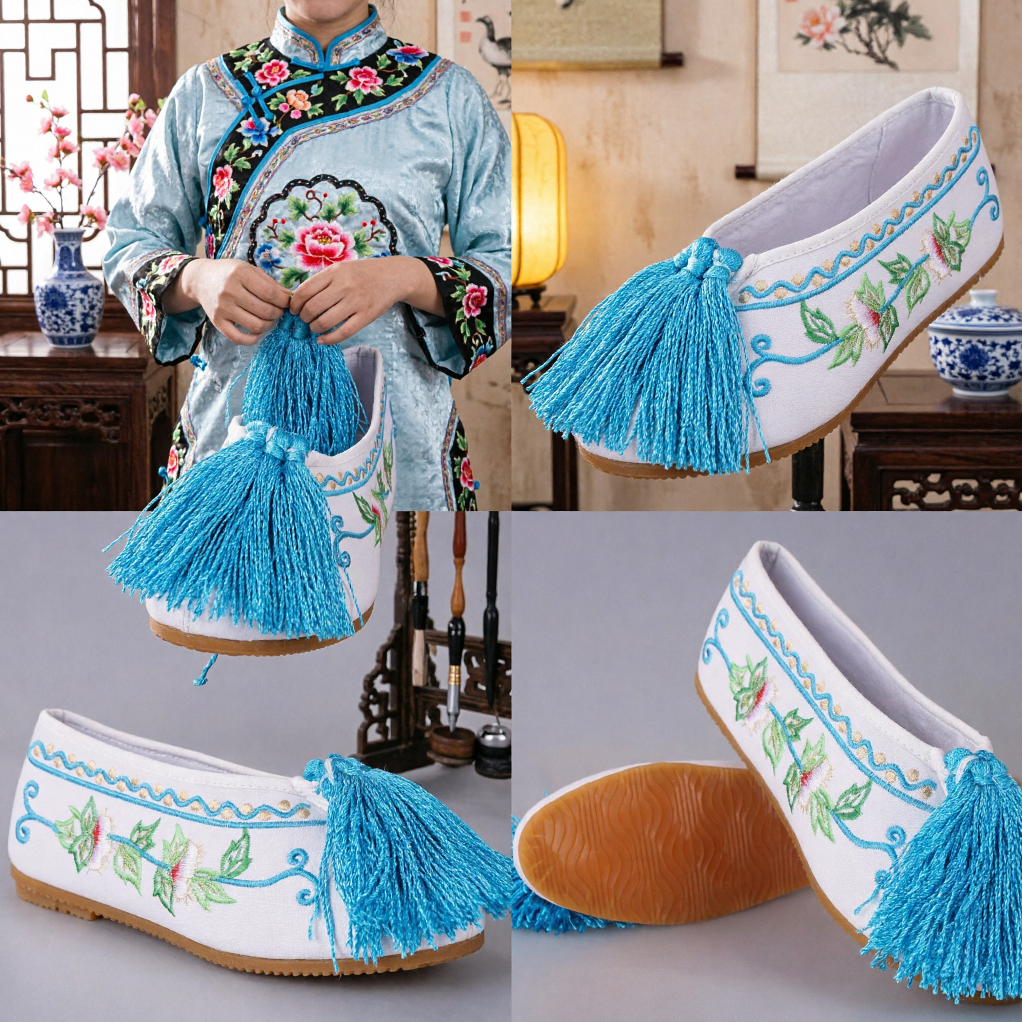 Zapatos Tradicionales Chinos Hanfu Bordados con Borlas Azules para Mujeres en Baile, Boda, Cosplay y Actuación - Asian Costume