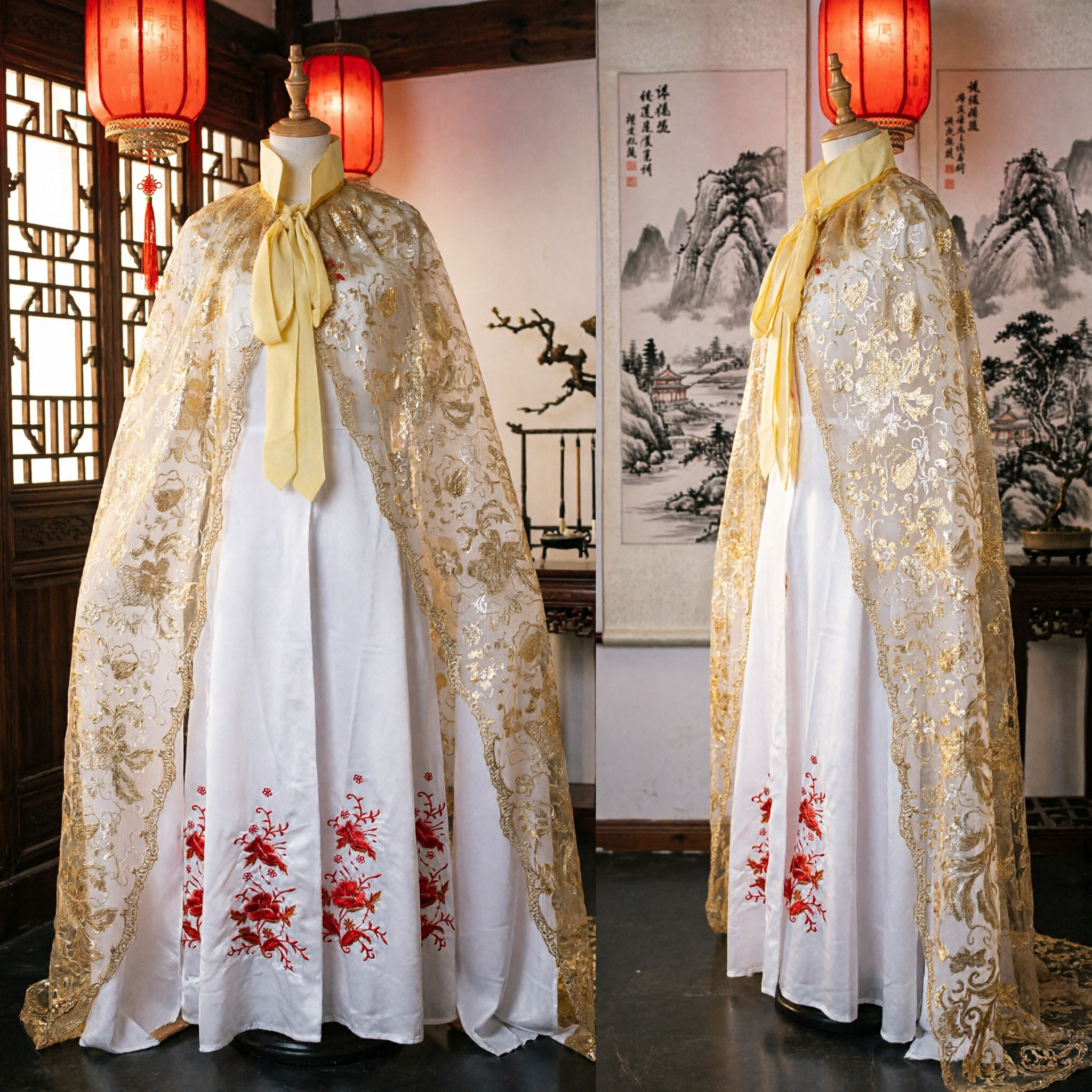 Cape Hanfu traditionnelle chinoise, châle transparent à broderie dorée, costume ancien pour femmes pour cosplay et spectacle - Asian Costume